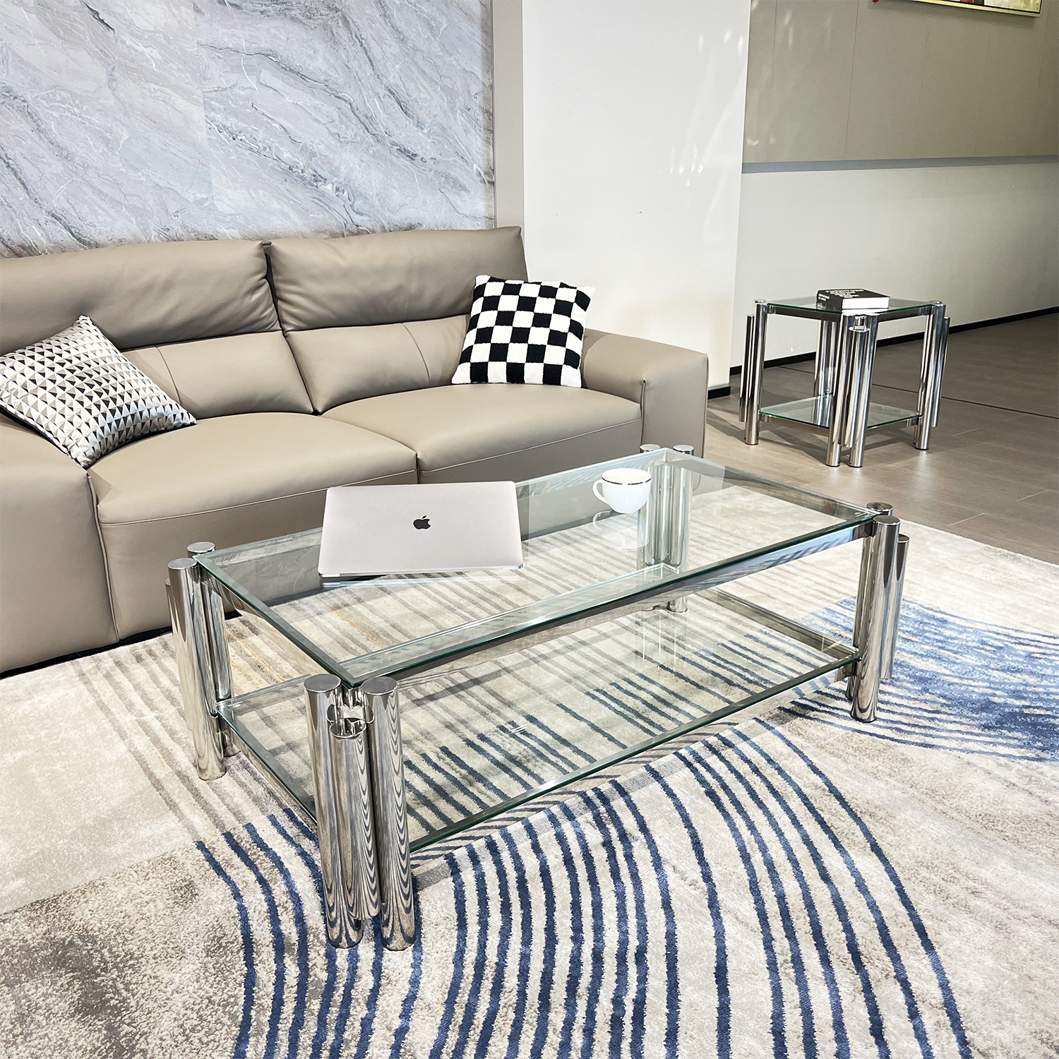 Silver Stainless Steel Double-Layer Clear Tempered Glass Coffee Table for Bed Room, Living Room