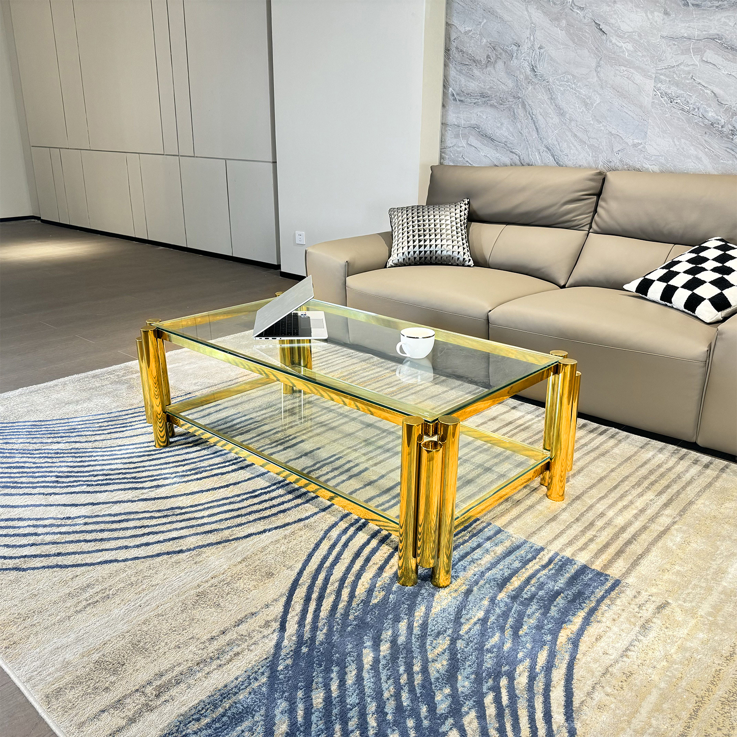 Golden Stainless Steel Double-Layer Clear Tempered Glass Coffee Table for Bed Room, Living Room