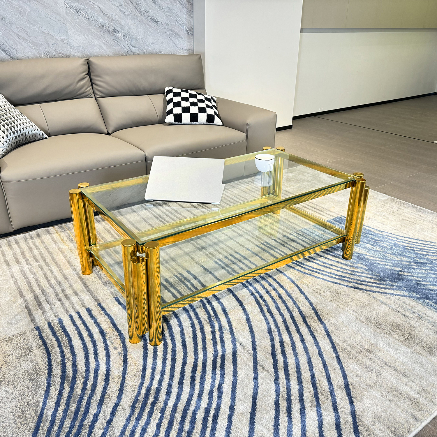 Golden Stainless Steel Double-Layer Clear Tempered Glass Coffee Table for Bed Room, Living Room