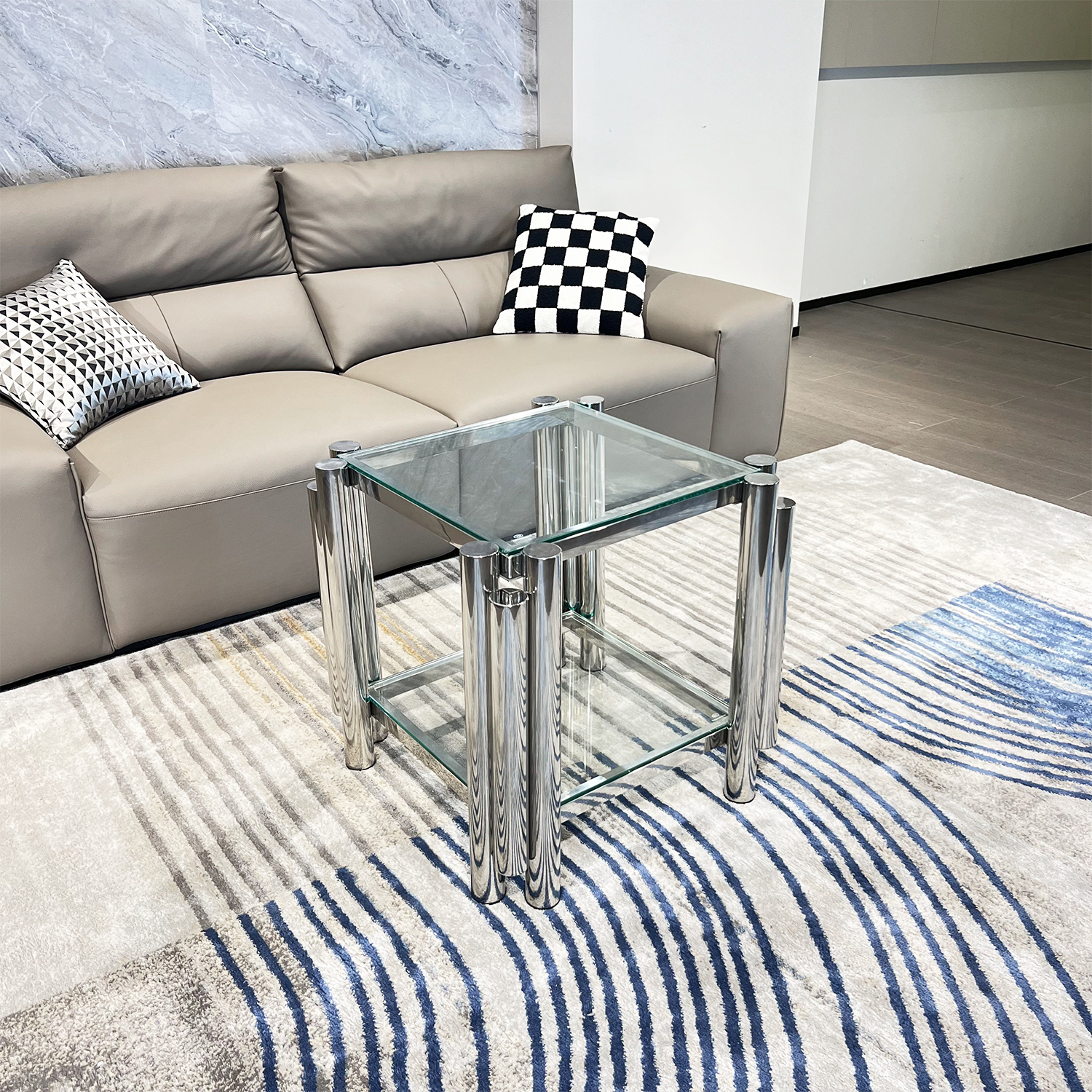 Silver Stainless Steel Double-Layer Clear Tempered Glass End Table  for Bed Room, Living Room