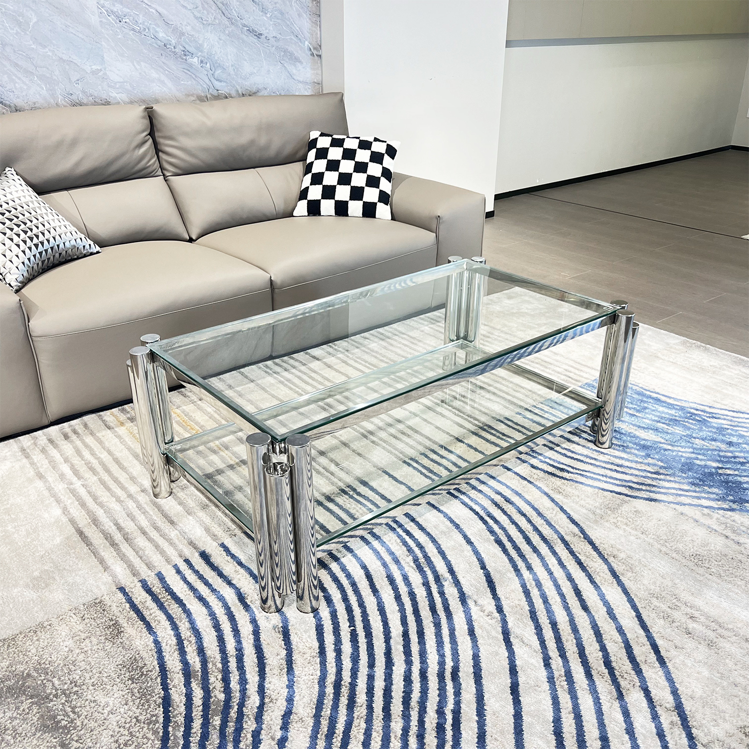 Silver Stainless Steel Double-Layer Clear Tempered Glass Coffee Table for Bed Room, Living Room