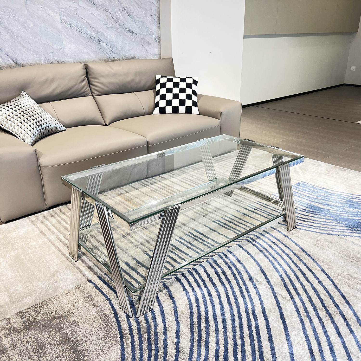 Silver Stainless Steel Double-Layer Clear Tempered Glass Coffee Table for Bed Room, Living Room