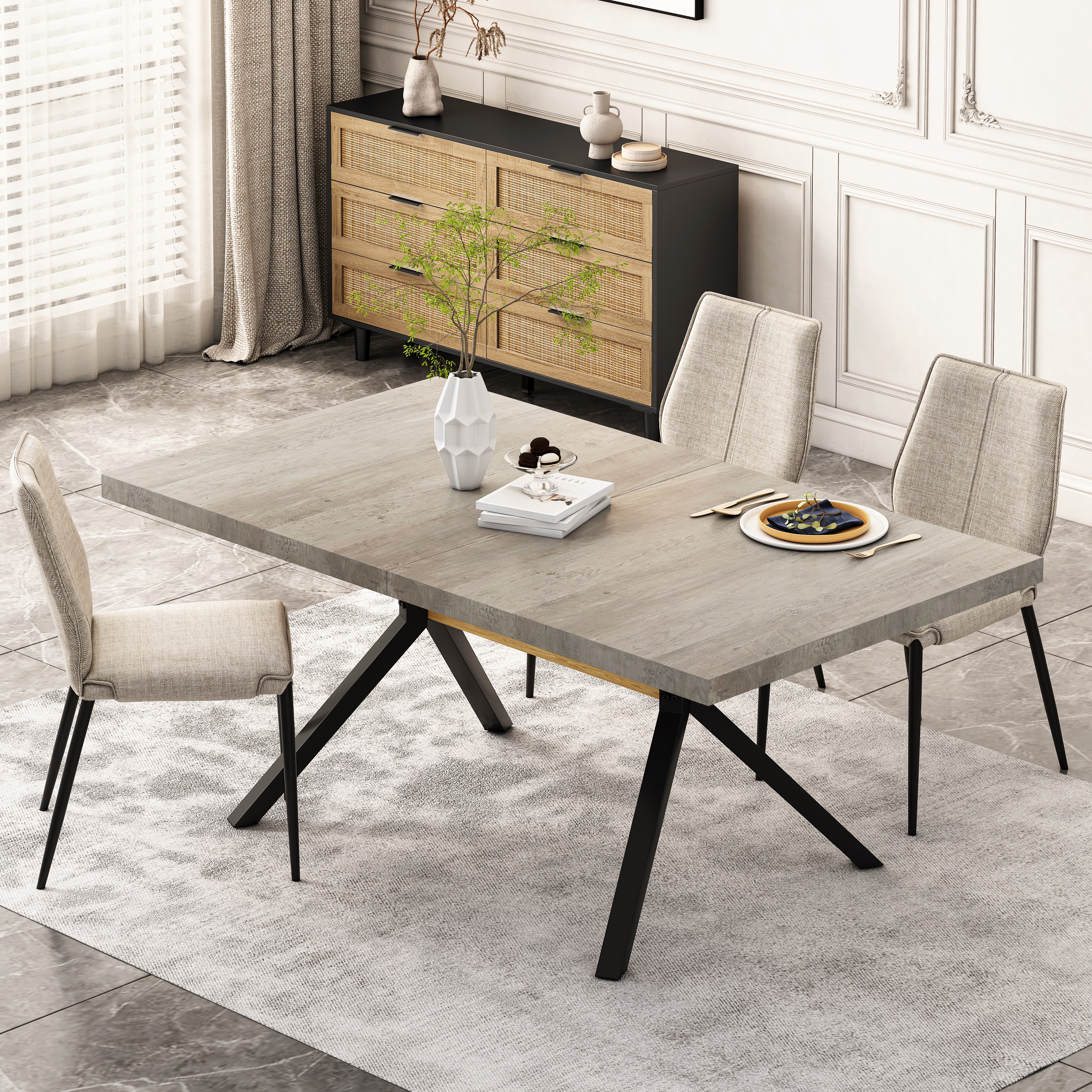 62.99"- 78.74"Retro Rectangular Stretch Table, Grey Carole Top, Black Embossed Center Plate, Walnut Color Beam, Black Fine Sand iron Foot Base Dining Table