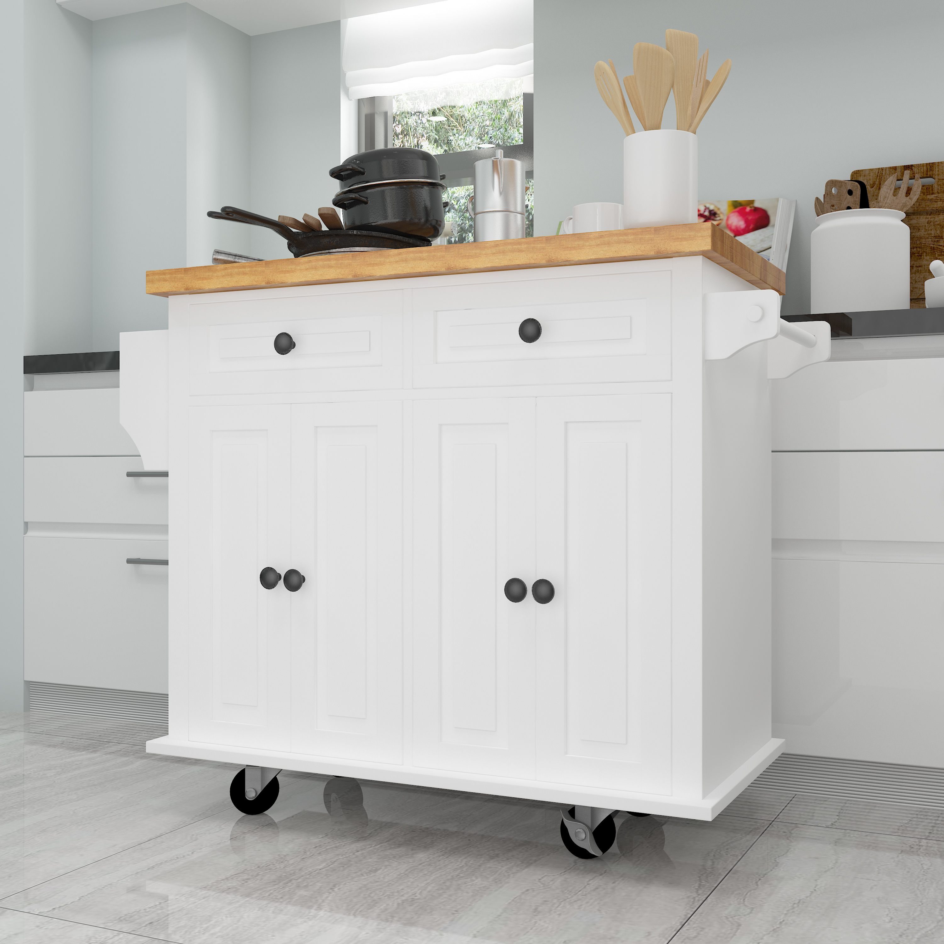 Kitchen Island Cart with Two Storage Cabinets and Two Locking Wheels,43.31 Inch Width,4 Door Cabinet and Two Drawers,Spice Rack, Towel Rack(White)