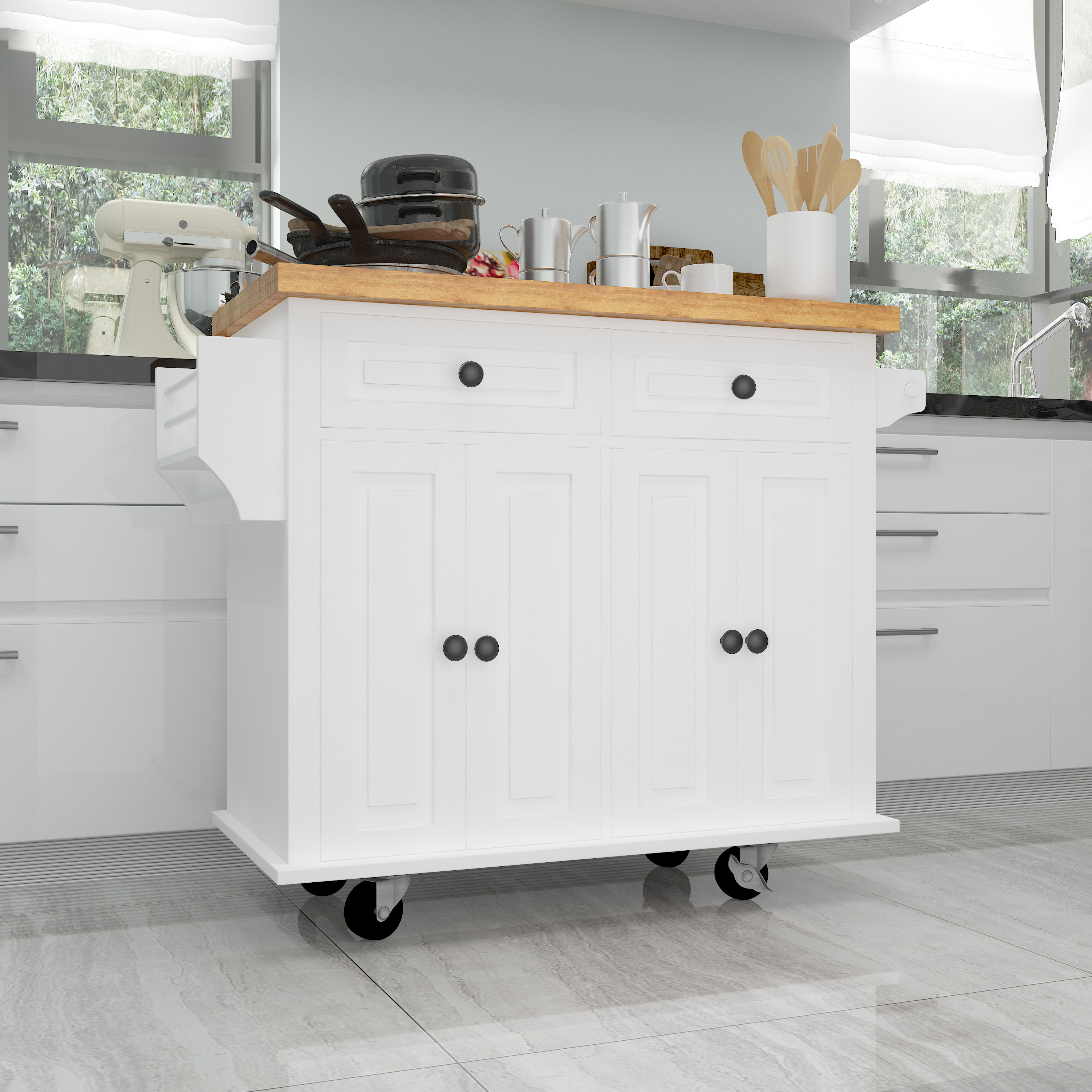 Kitchen Island Cart with Two Storage Cabinets and Two Locking Wheels,43.31 Inch Width,4 Door Cabinet and Two Drawers,Spice Rack, Towel Rack(White)