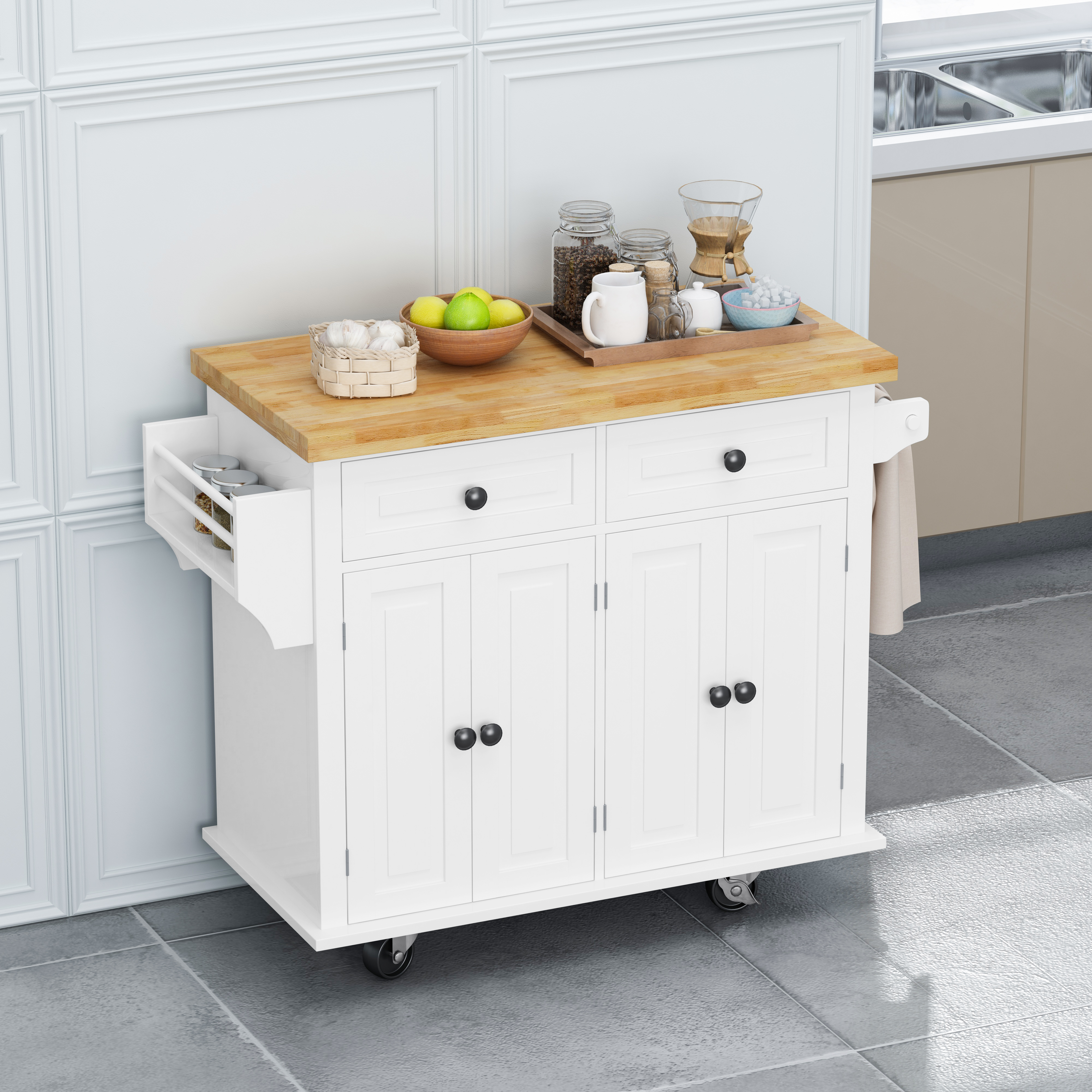 Kitchen Island Cart with Two Storage Cabinets and Two Locking Wheels,43.31 Inch Width,4 Door Cabinet and Two Drawers,Spice Rack, Towel Rack(White)