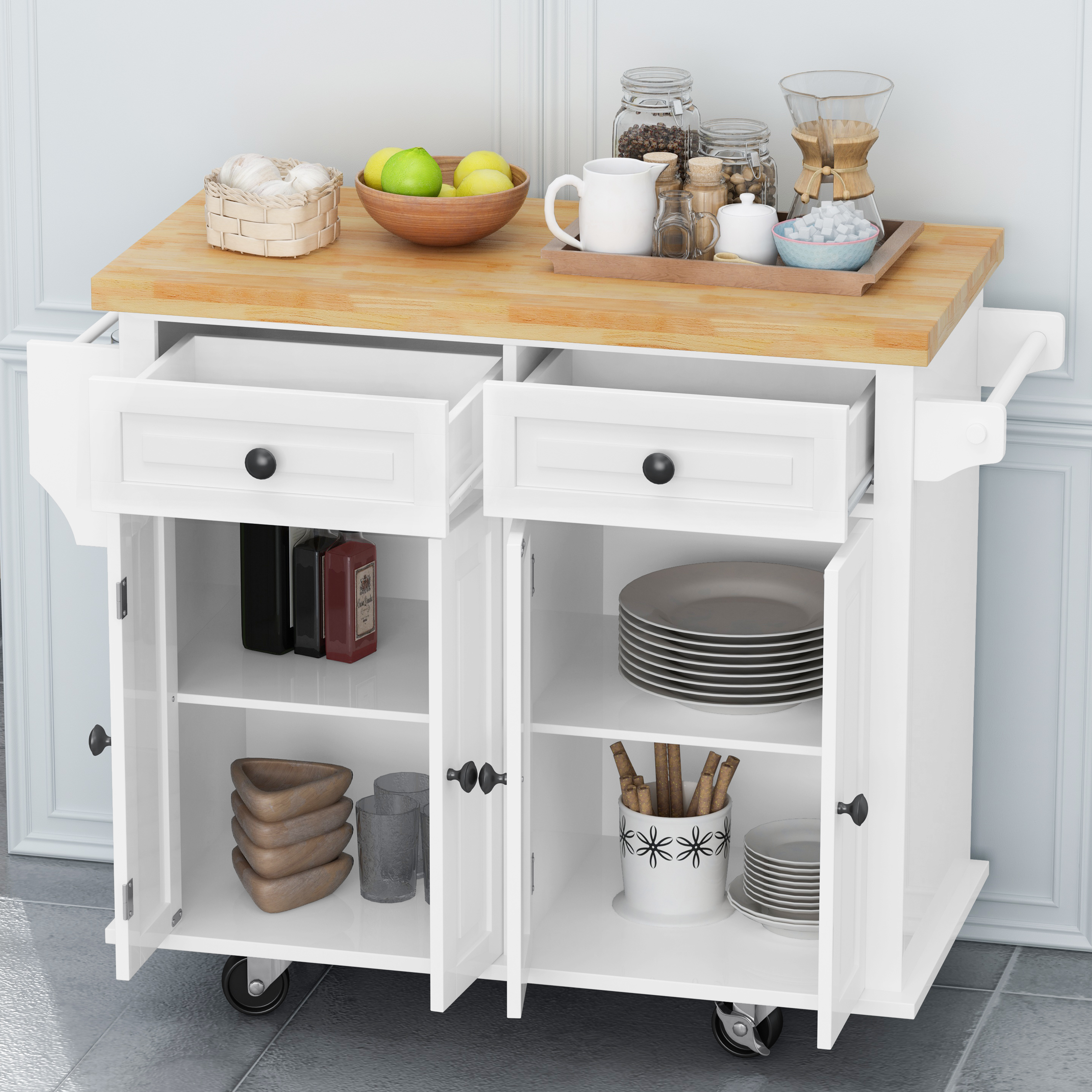 Kitchen Island Cart with Two Storage Cabinets and Two Locking Wheels,43.31 Inch Width,4 Door Cabinet and Two Drawers,Spice Rack, Towel Rack(White)