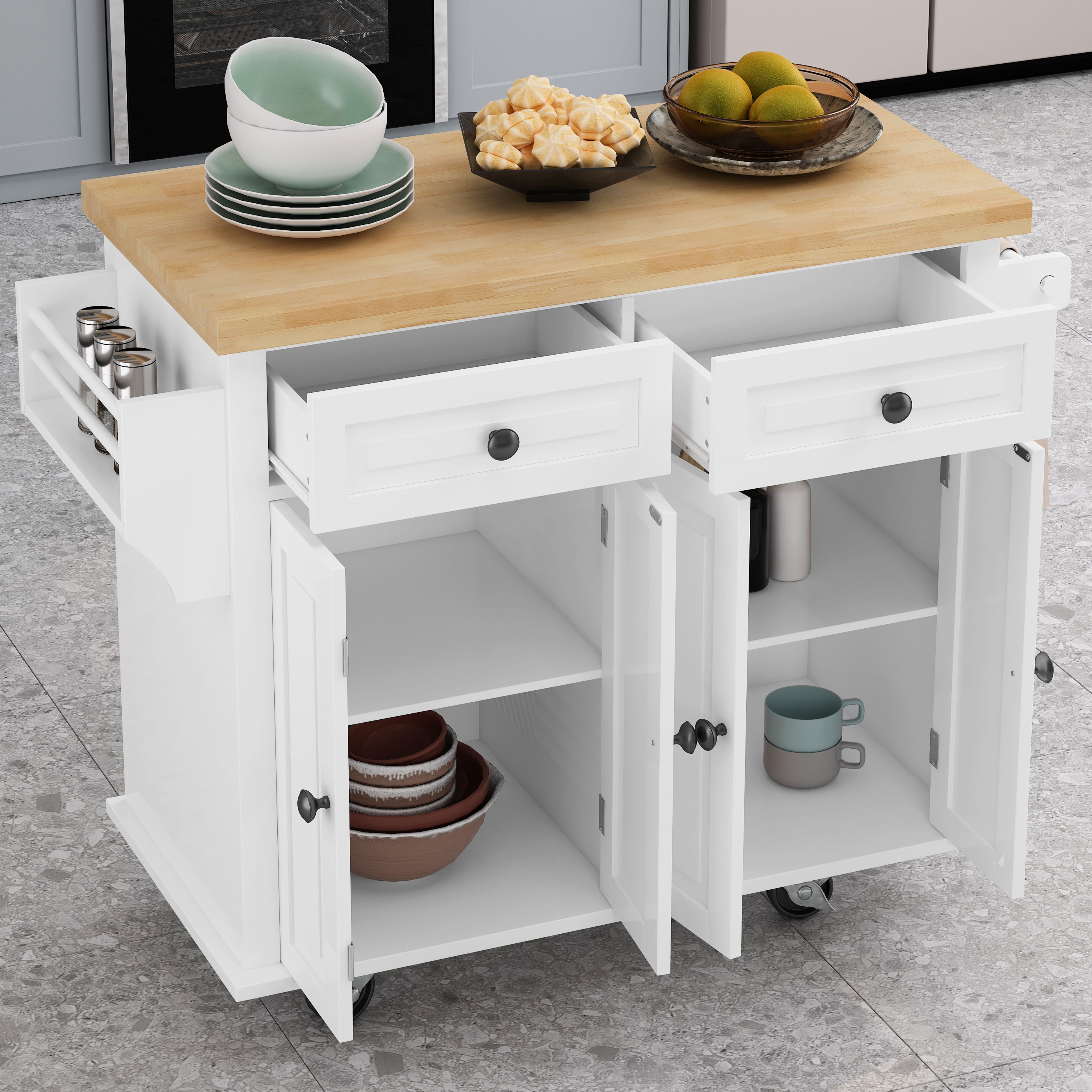 Kitchen Island Cart with Two Storage Cabinets and Two Locking Wheels,43.31 Inch Width,4 Door Cabinet and Two Drawers,Spice Rack, Towel Rack(White)