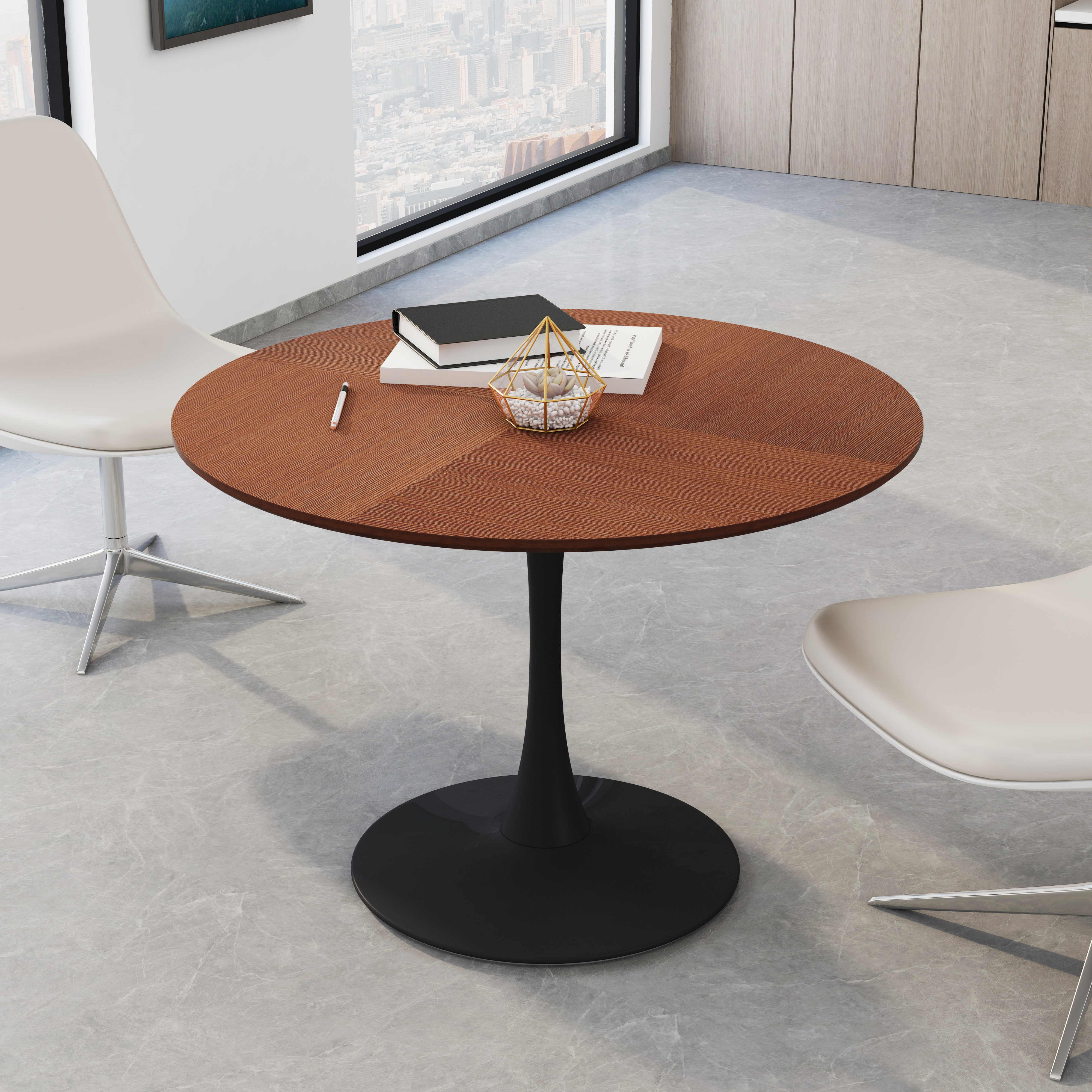 42"Modern Round Dining Table with Printed OAK Color Grain Table Top,Metal Base Dining Table, End Table Leisure Coffee Table