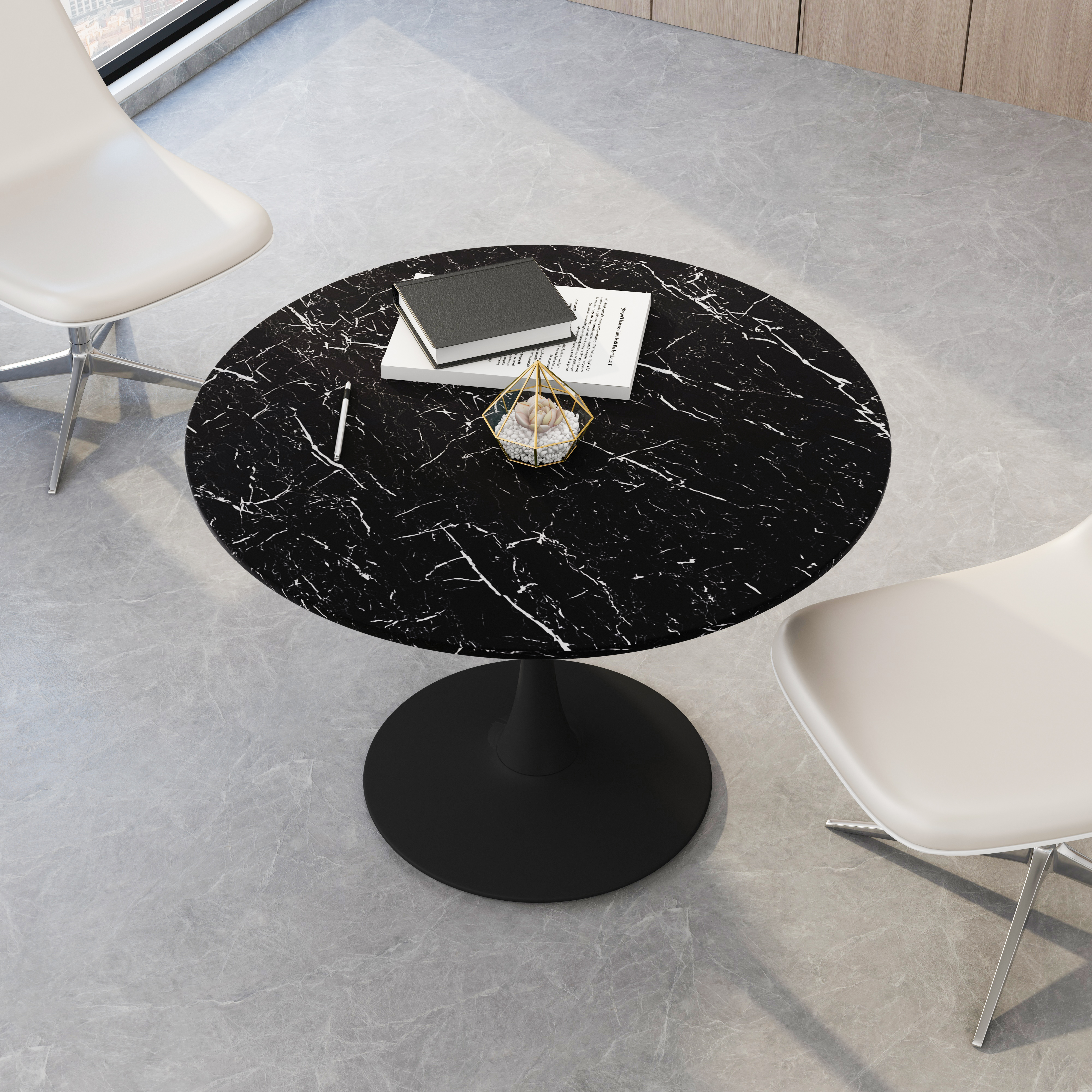 42.12"Modern Round Dining Table with Printed Black Marble Table Top,Metal Base  Dining Table, End Table Leisure Coffee Table