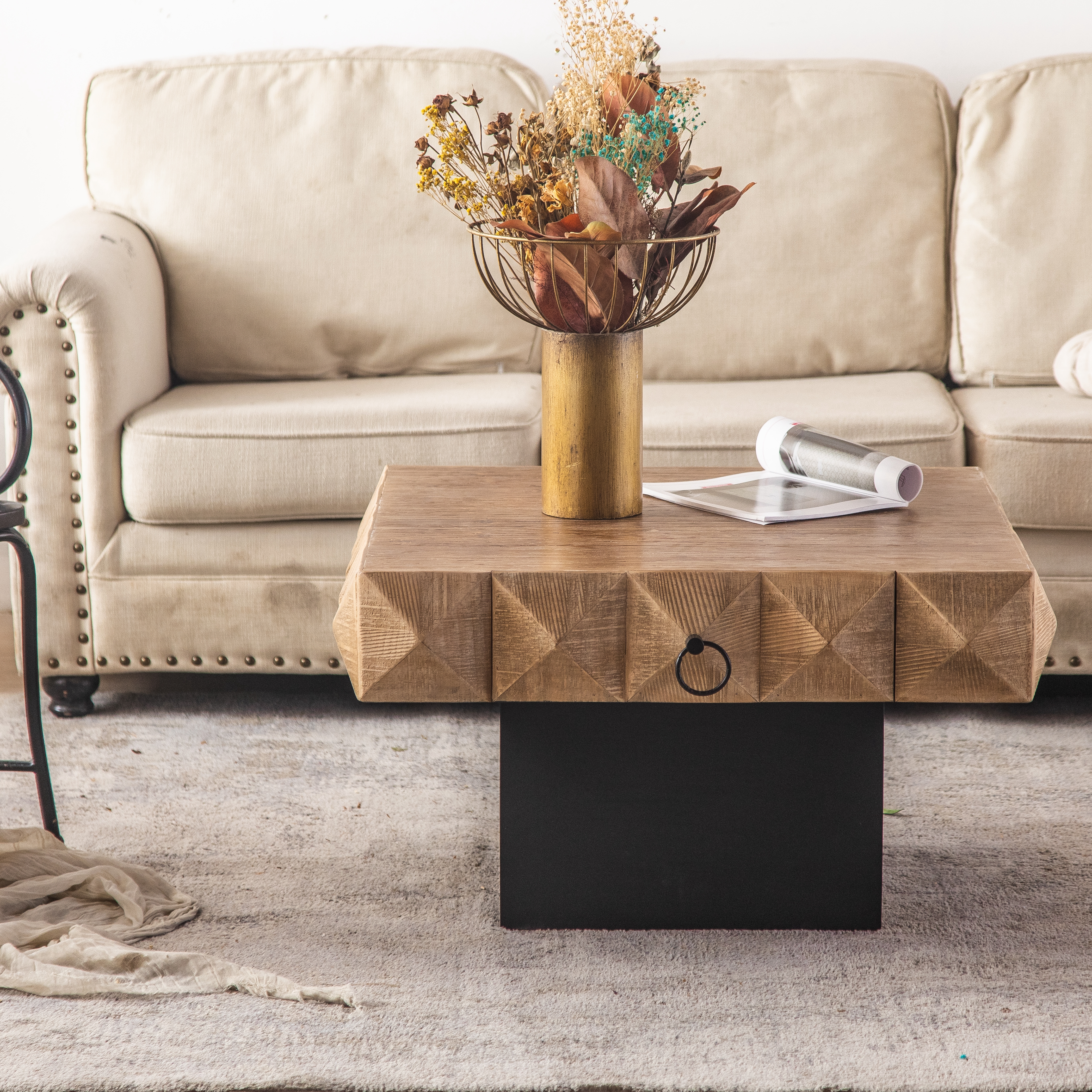 32.28"Three-dimensional Embossed Pattern Square Retro Coffee Table with 2 Drawers and MDF Base