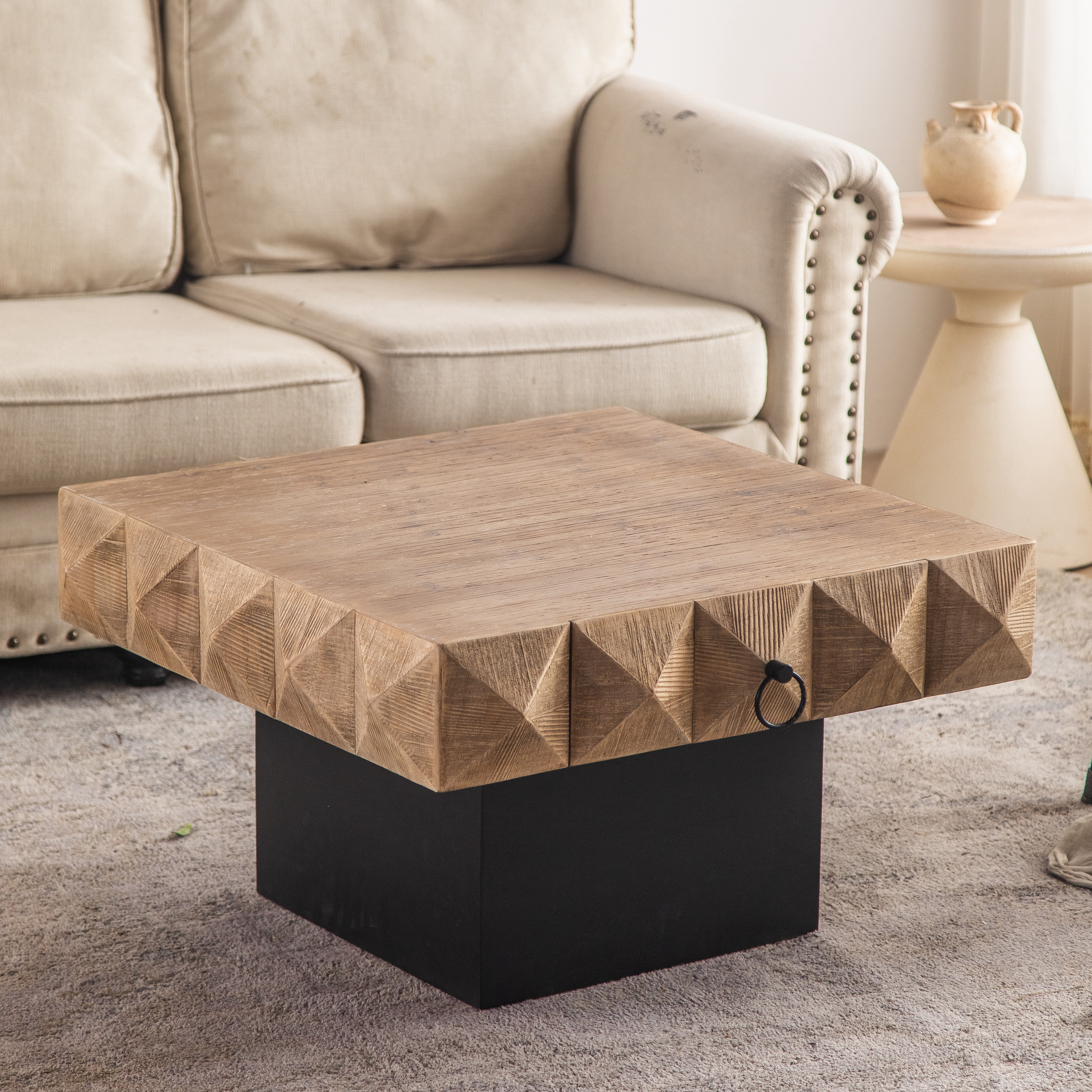 32.28"Three-dimensional Embossed Pattern Square Retro Coffee Table with 2 Drawers and MDF Base