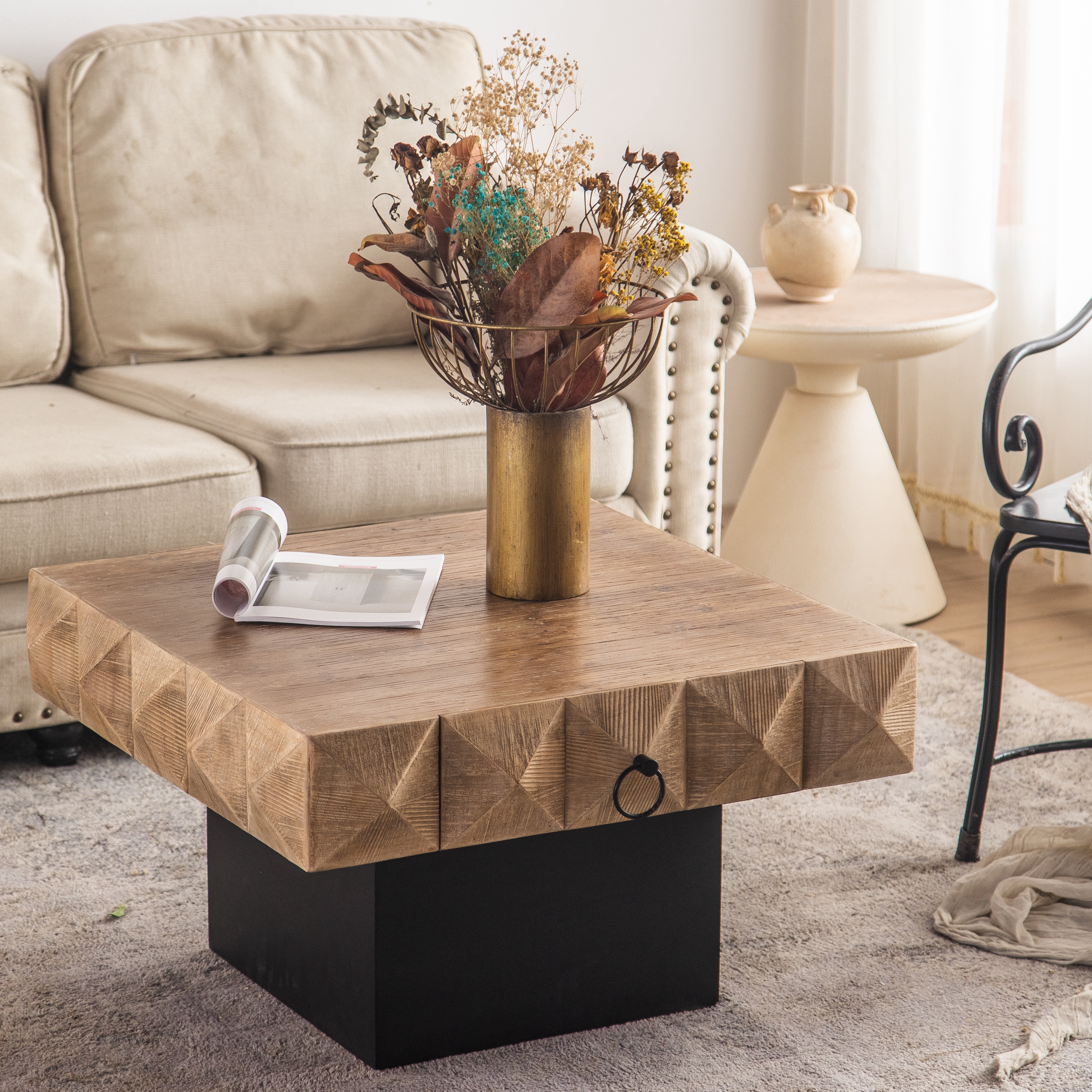 32.28"Three-dimensional Embossed Pattern Square Retro Coffee Table with 2 Drawers and MDF Base