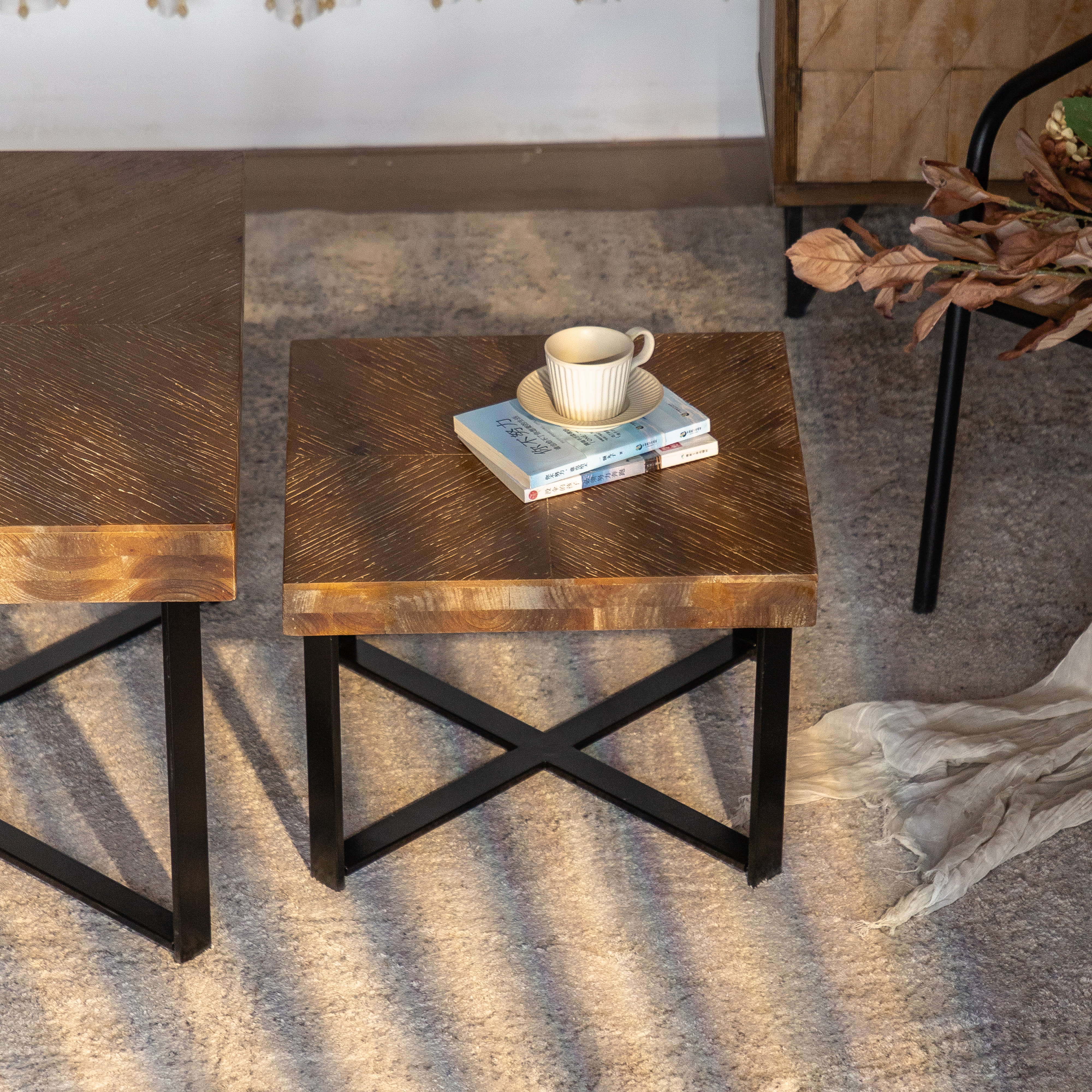 31.3"Modern Retro Splicing Square Coffee Table , Fir Wood Table Top with Cross Legs Metal Base (Set of 2 pcs )