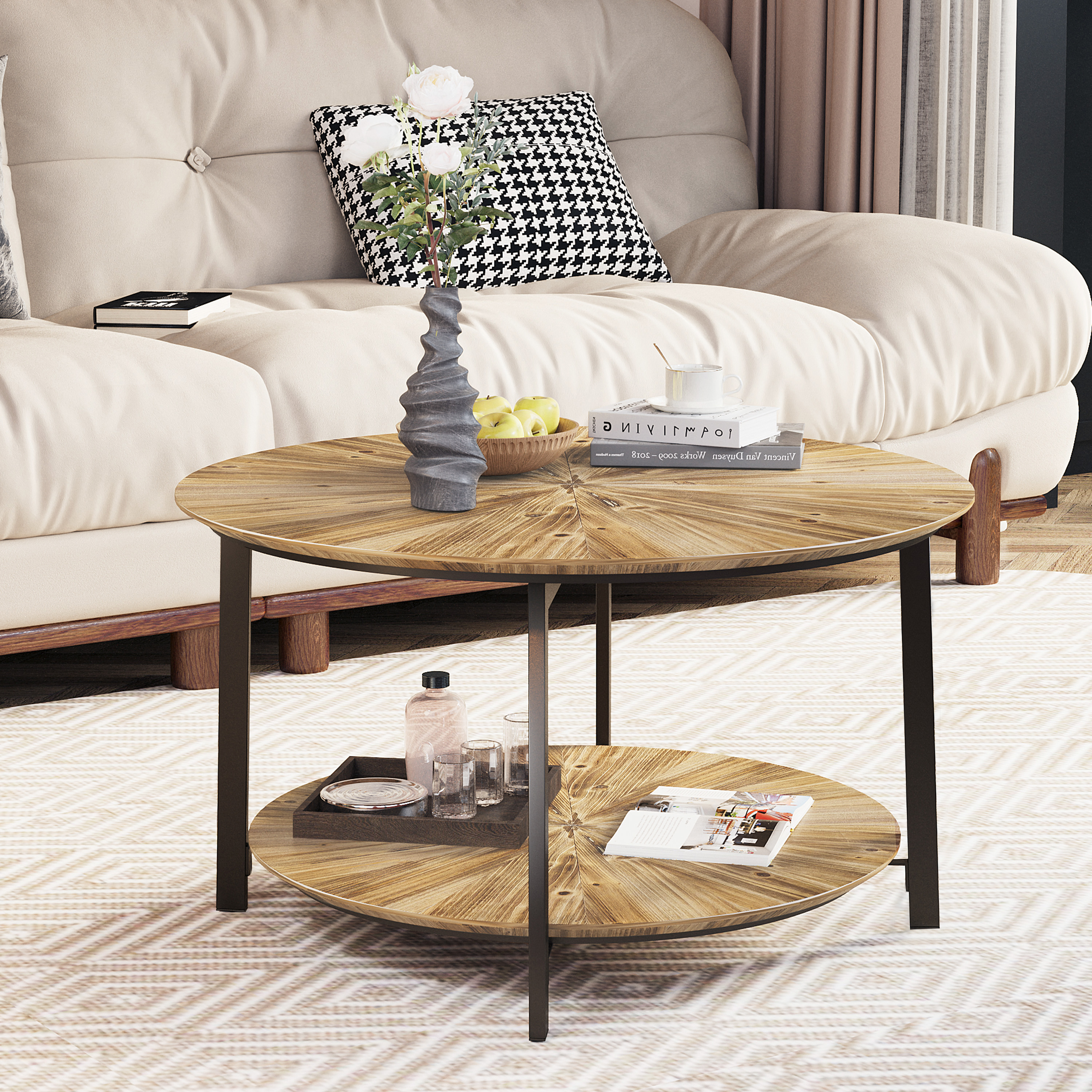 31.5 "Round Coffee Table,Stand Wooden Double Layer Coffee Table with Open Storage Space and Metal Table Legs for Living Room,Bedroom