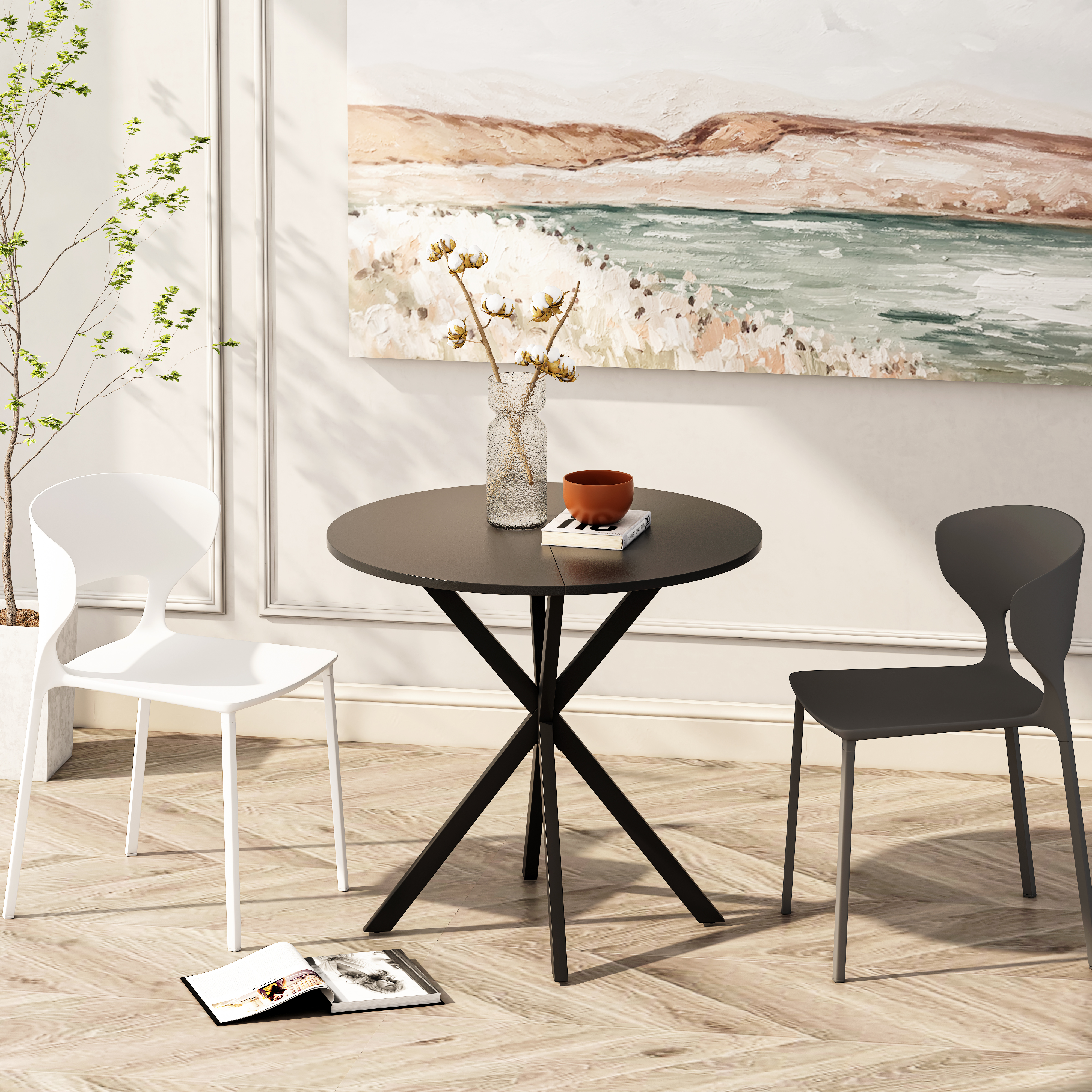 31.5'' Modern Round Dining Table with Crossed Legs, Black Occasional Table, Two Piece Detachable Table Top, Matte Finish Iron Legs