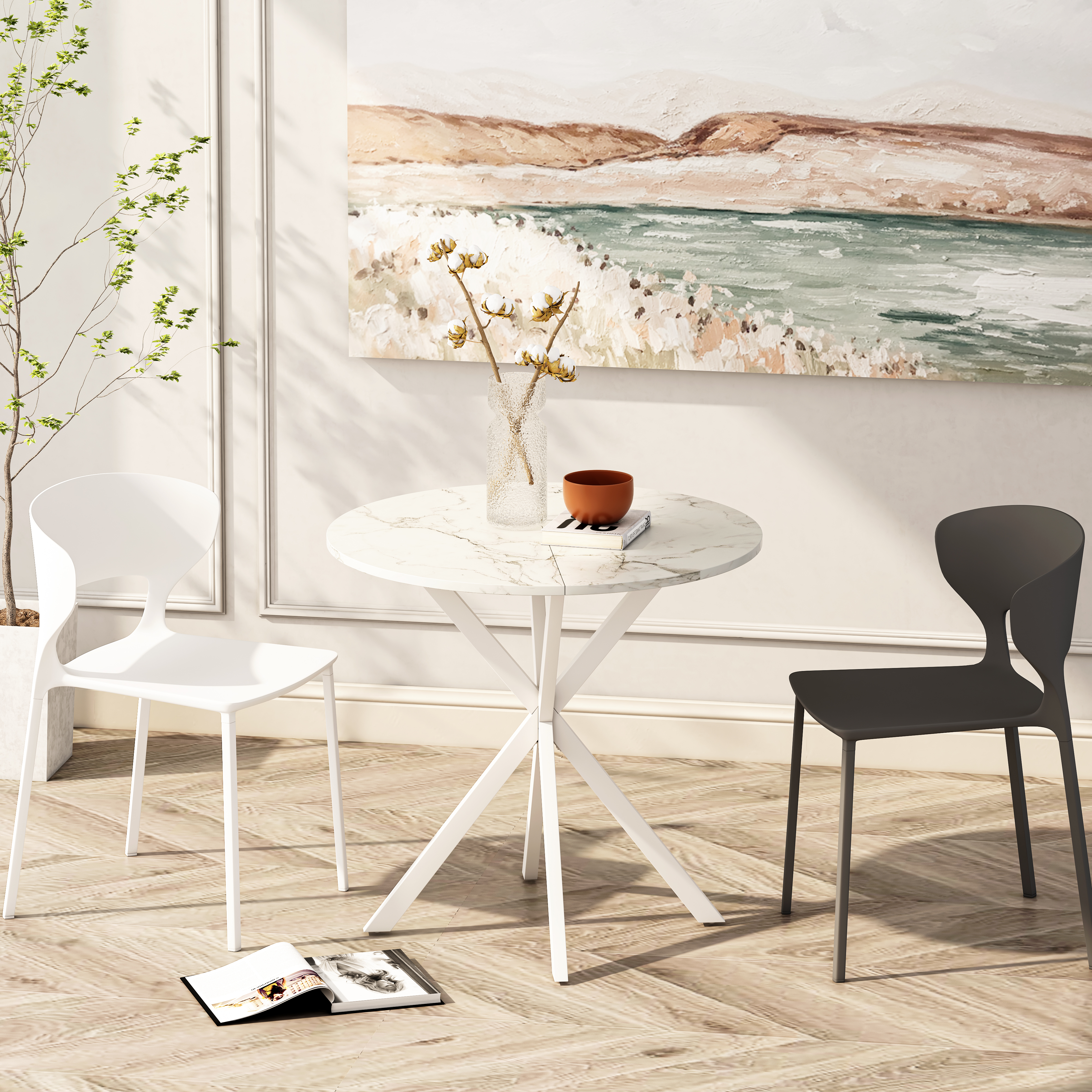 31.5'' Modern Cross Leg Round Dining Table, White Marble Top Occasional Table, Two Piece Removable Top, Matte Finish Iron Legs