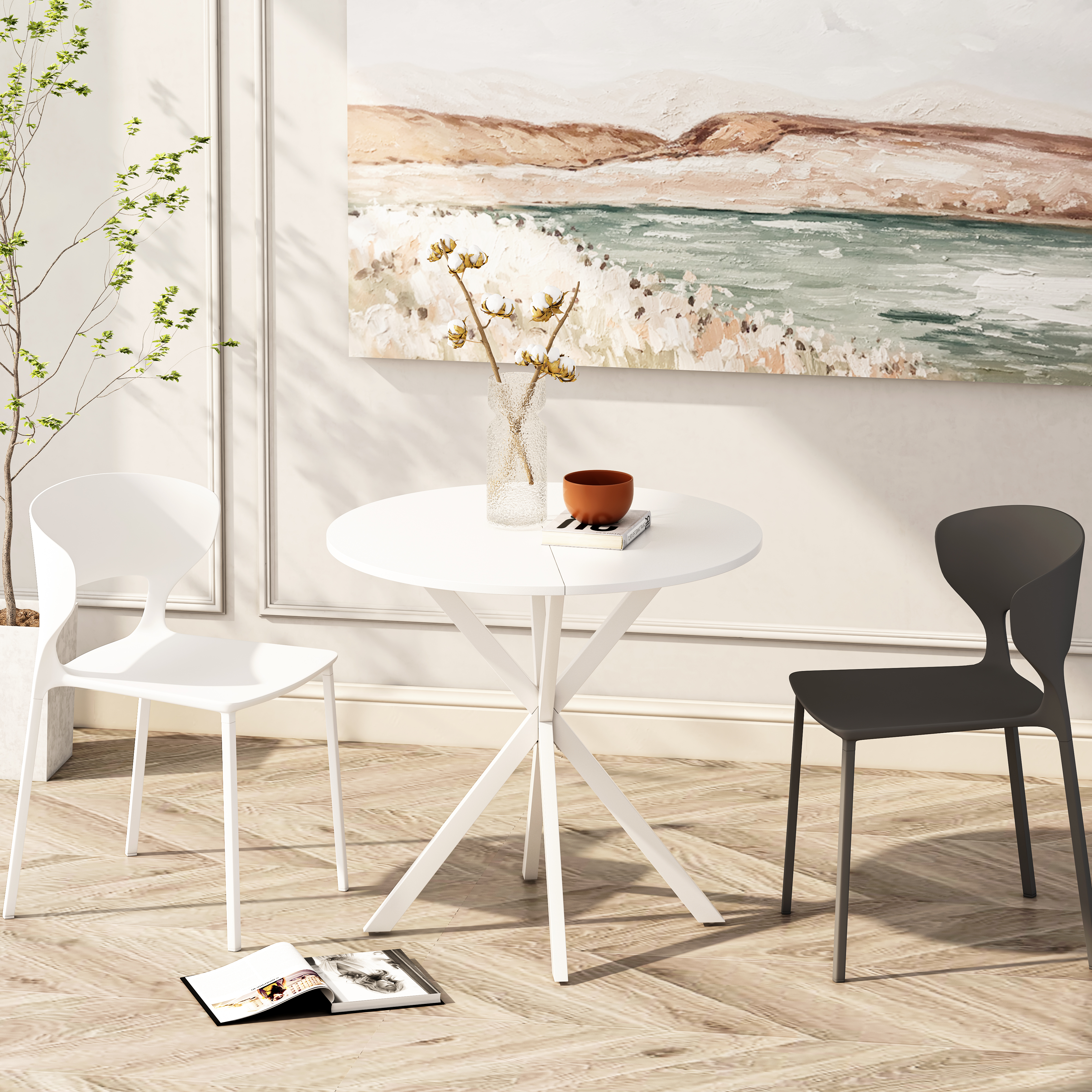 31.5'' Modern Round Dining Table with Crossed Legs,White Occasional Table, Two Piece Detachable Table Top, Matte Finish Iron Legs