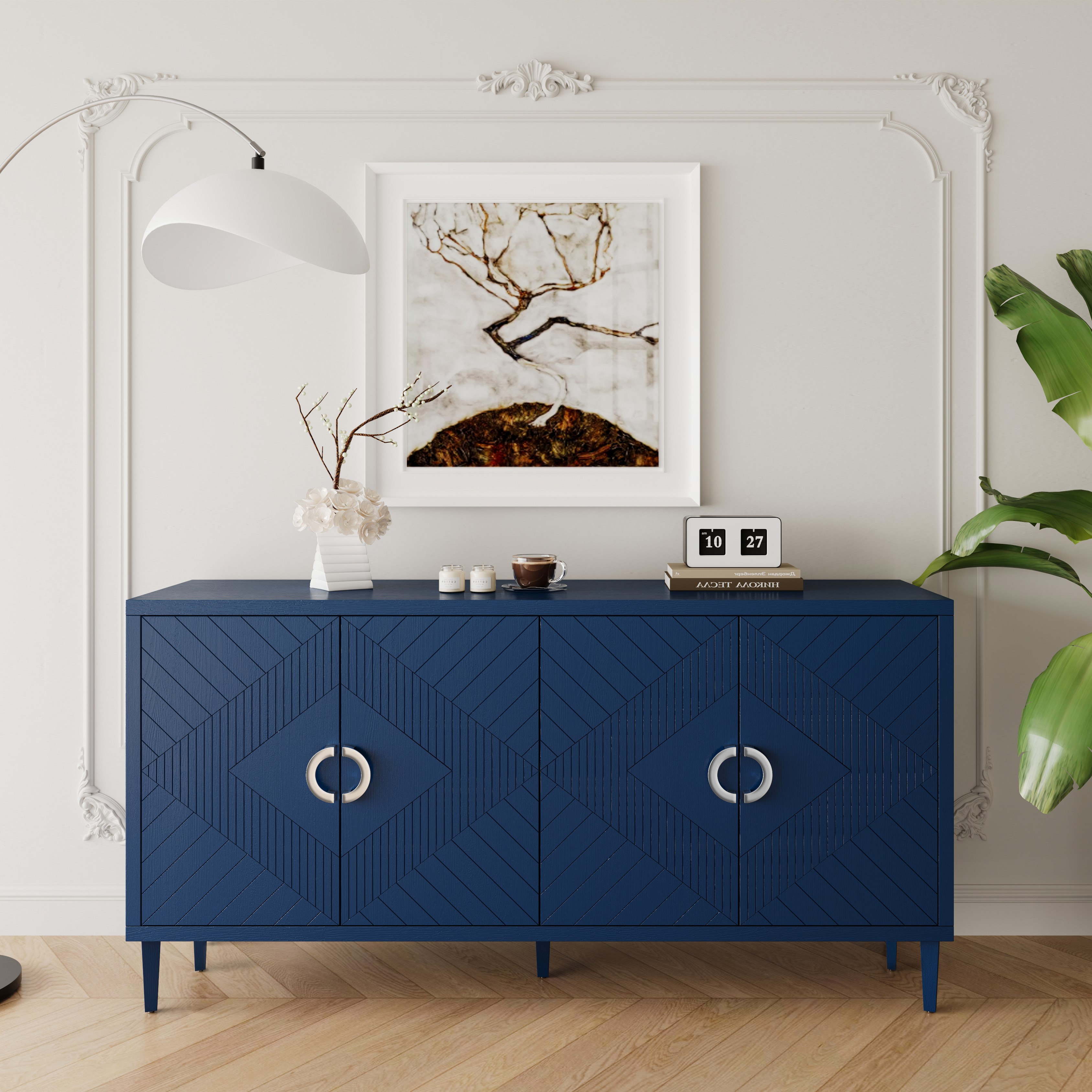 Stylish and Functional 4-Door Storage Cabinet with Pine legs and MDF, for Living Room Bedroom,and Kitchen,Navy Blue