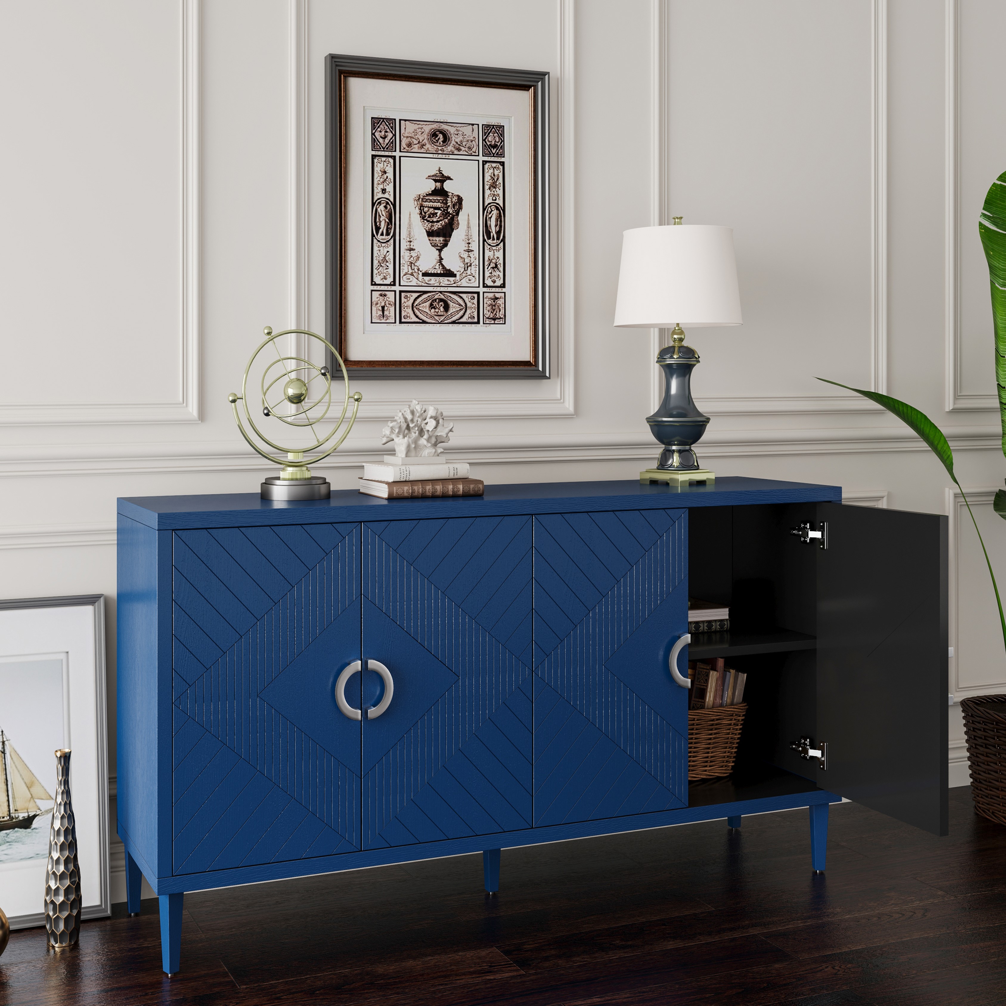 Stylish and Functional 4-Door Storage Cabinet with Pine legs and MDF, for Living Room Bedroom,and Kitchen,Navy Blue