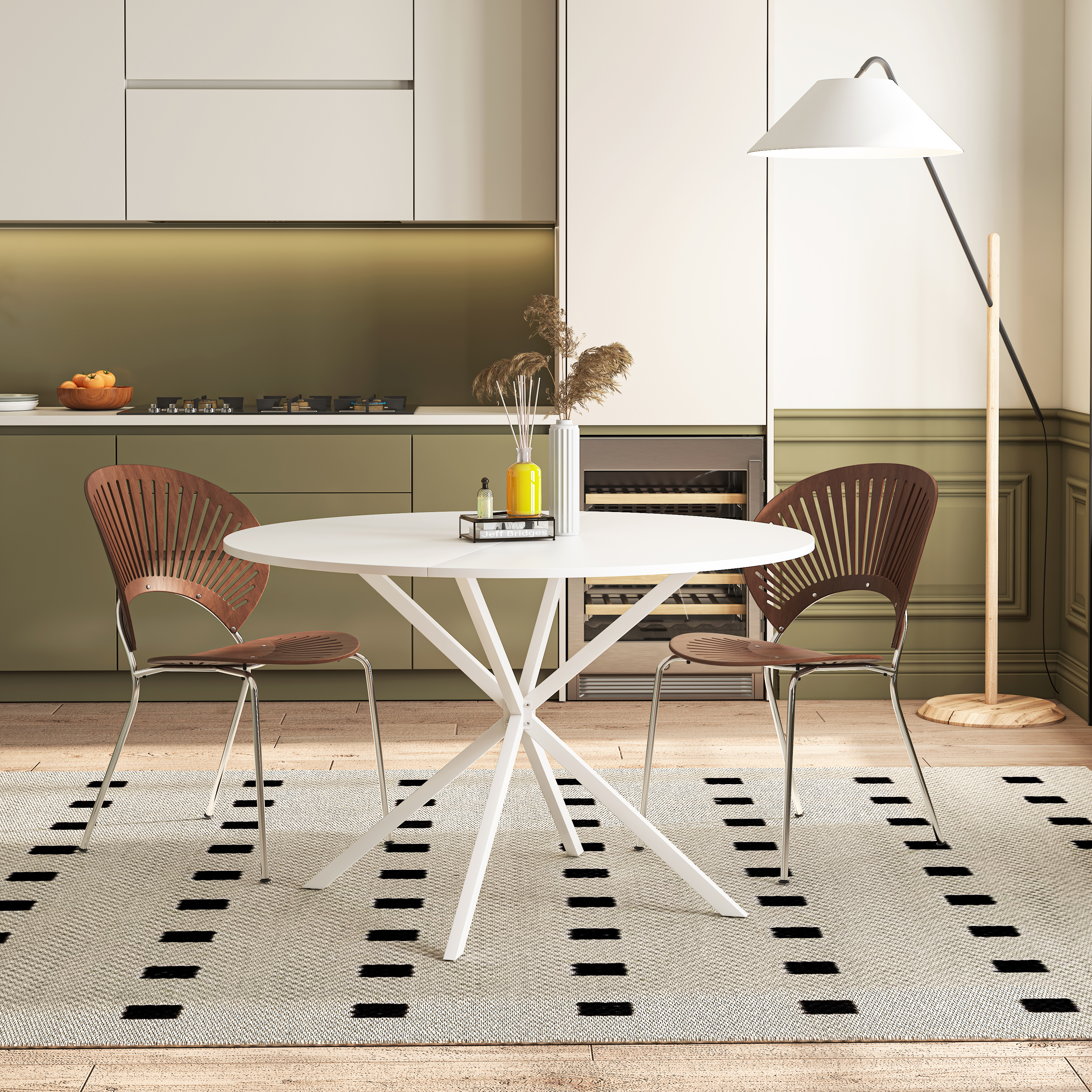 47.24'' Modern Cross Leg Round Dining Table, White Top Occasional Table, Two Piece Removable Top, Matte Finish Iron Legs