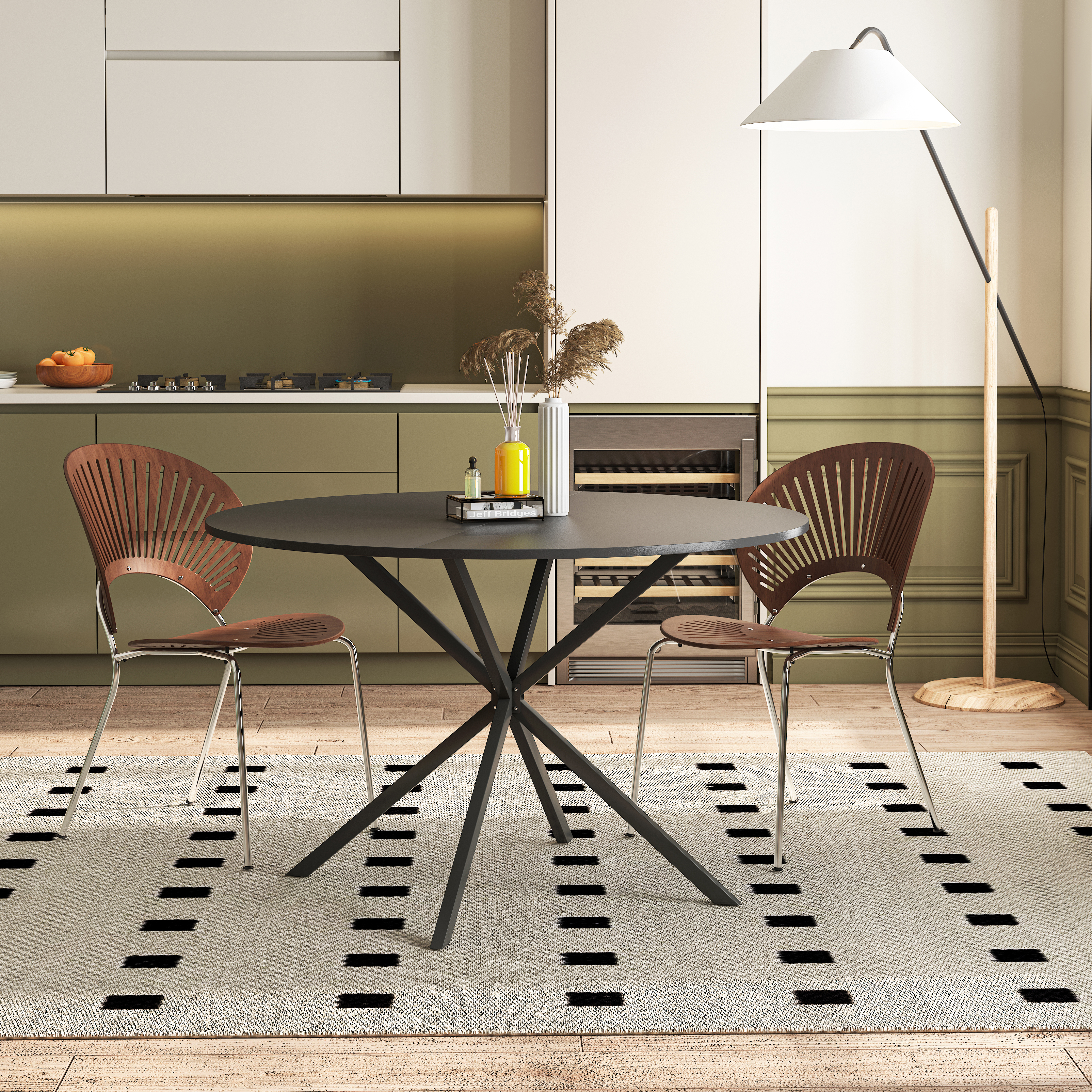 47.24'' Modern Cross Leg Round Dining Table, Black Top Occasional Table, Two Piece Removable Top, Matte Finish Iron Legs