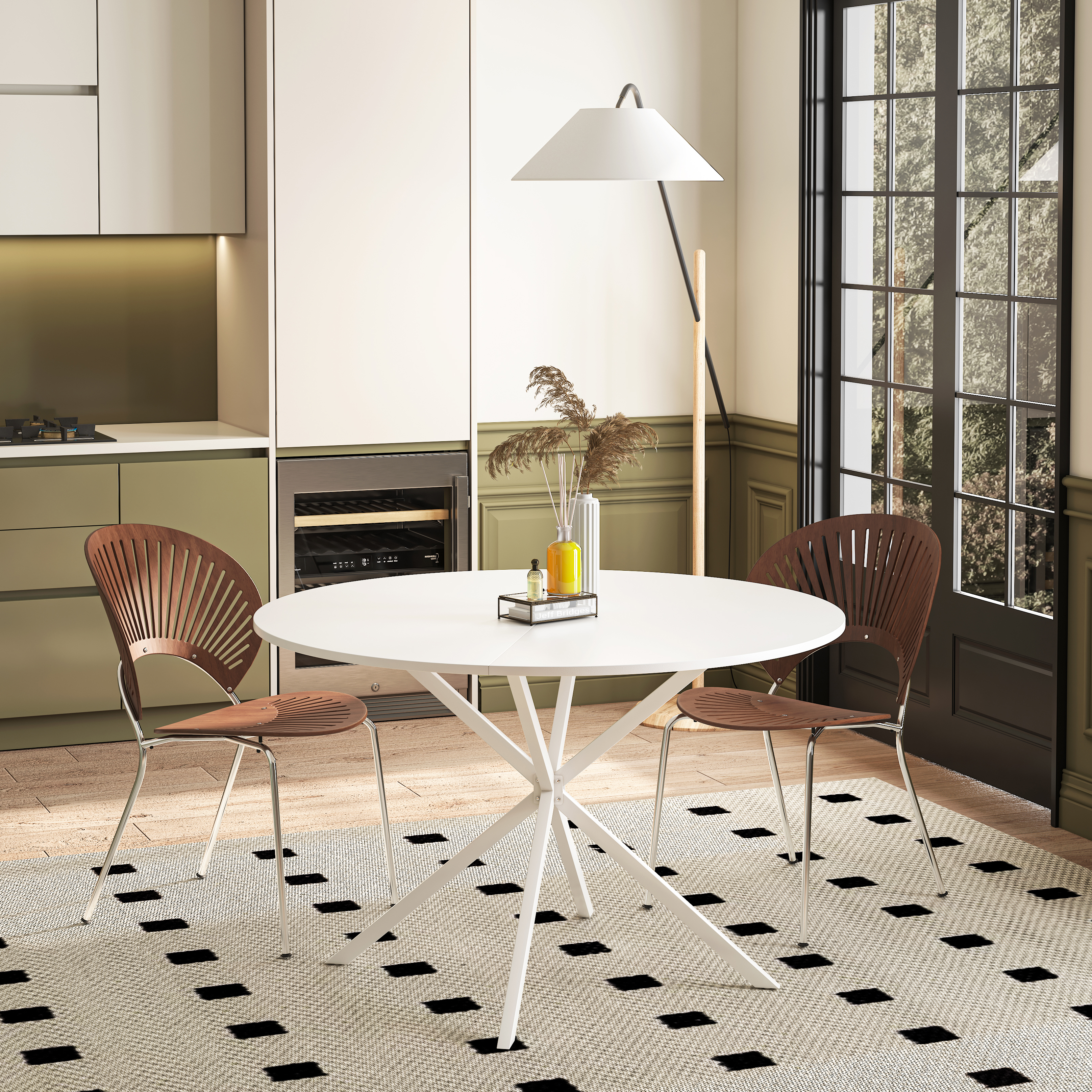 47.24'' Modern Cross Leg Round Dining Table, White Top Occasional Table, Two Piece Removable Top, Matte Finish Iron Legs