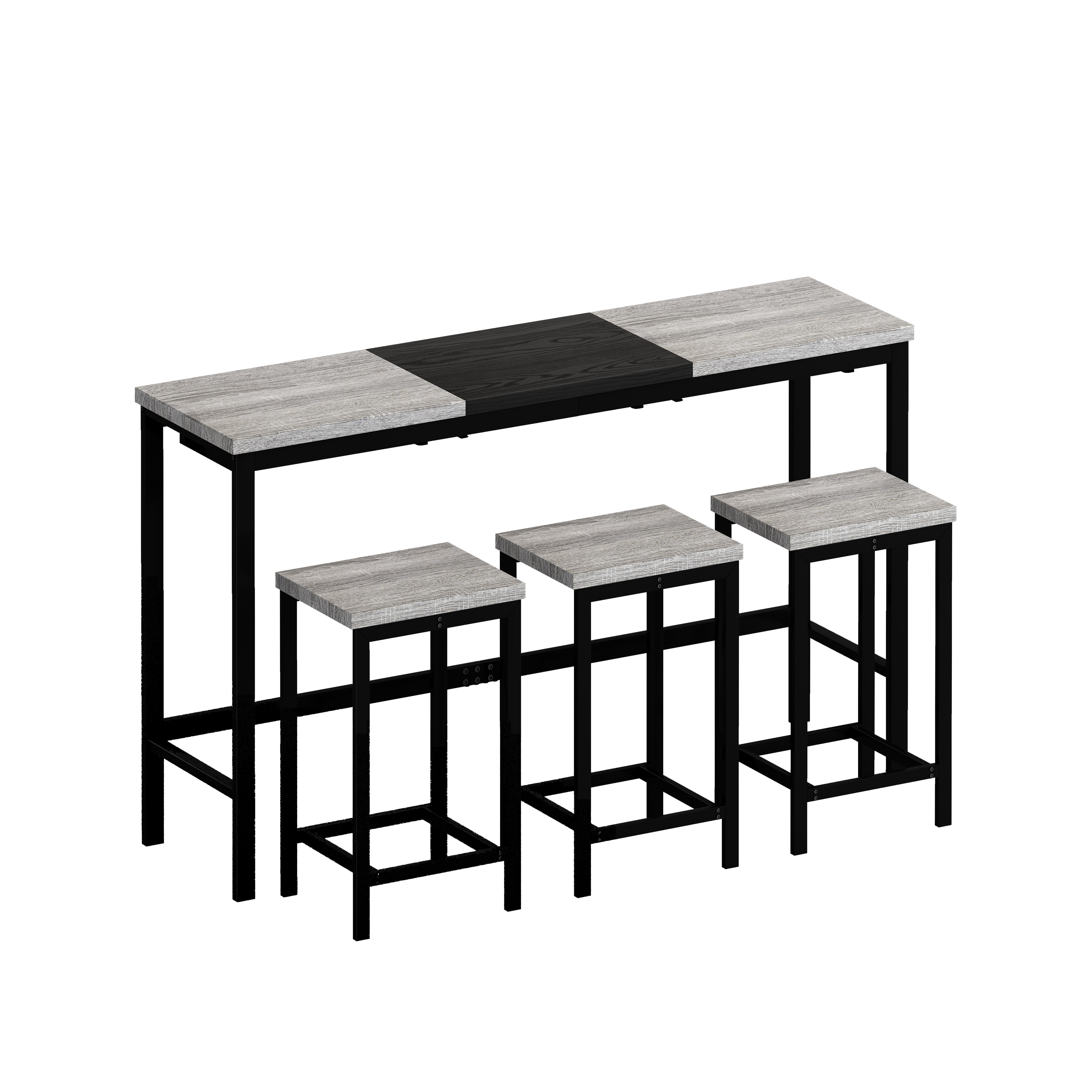 Modern Design Kitchen Dining Table, Pub Table, Long Dining Table Set with 3 Stools, Convenient Hanging Stool Design, Grey+Black