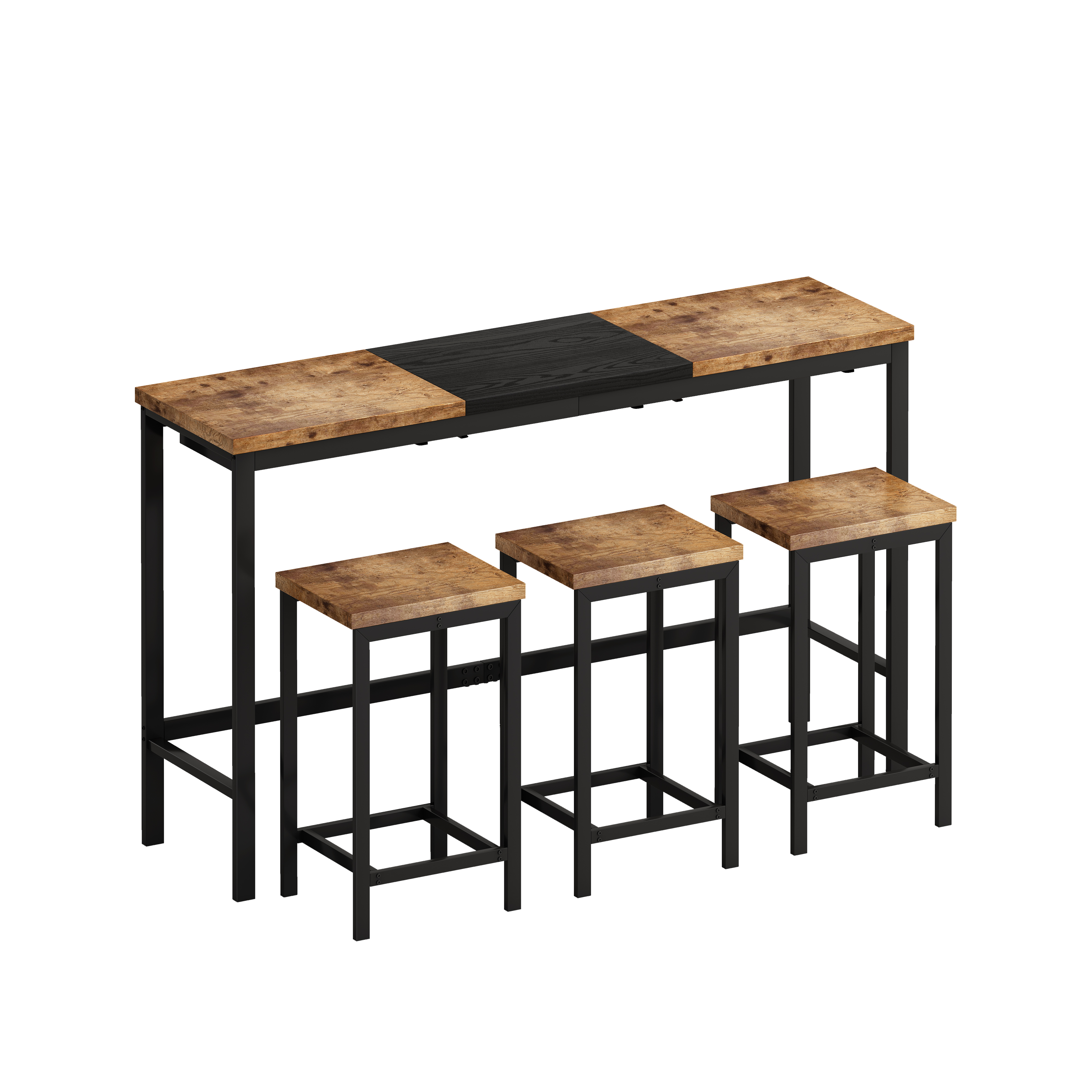 Modern Design Kitchen Dining Table, Pub Table, Long Dining Table Set with 3 Stools, Convenient Hanging Stool Design, Natural+Black