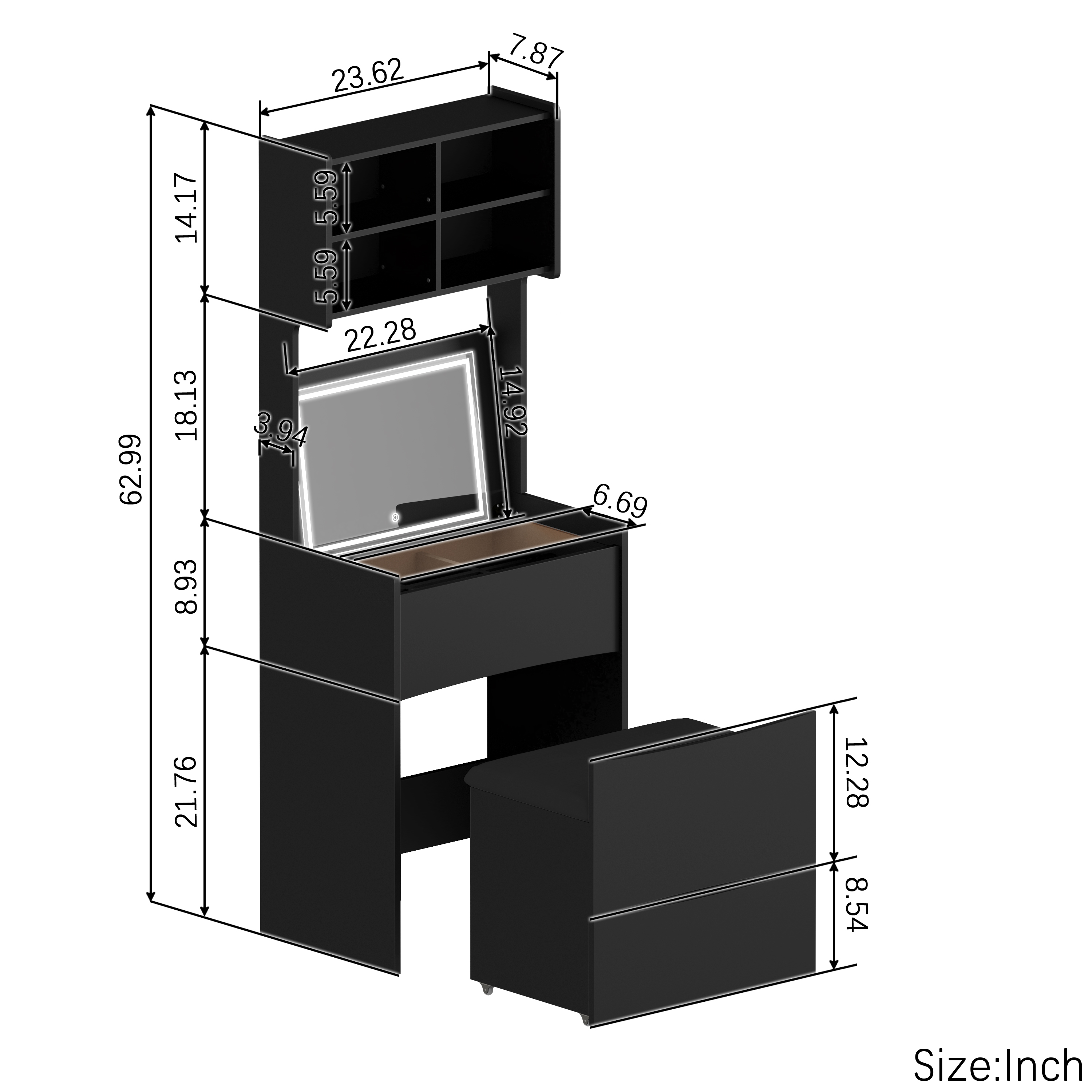 Dressing Table with Flip Top LED Illuminated Mirror, Vanity Table with Internal Storage Area, Makeup Vanity Dressing Table with Removable Upholstered Stool, Practical and Space-saving, Bedroom, Black