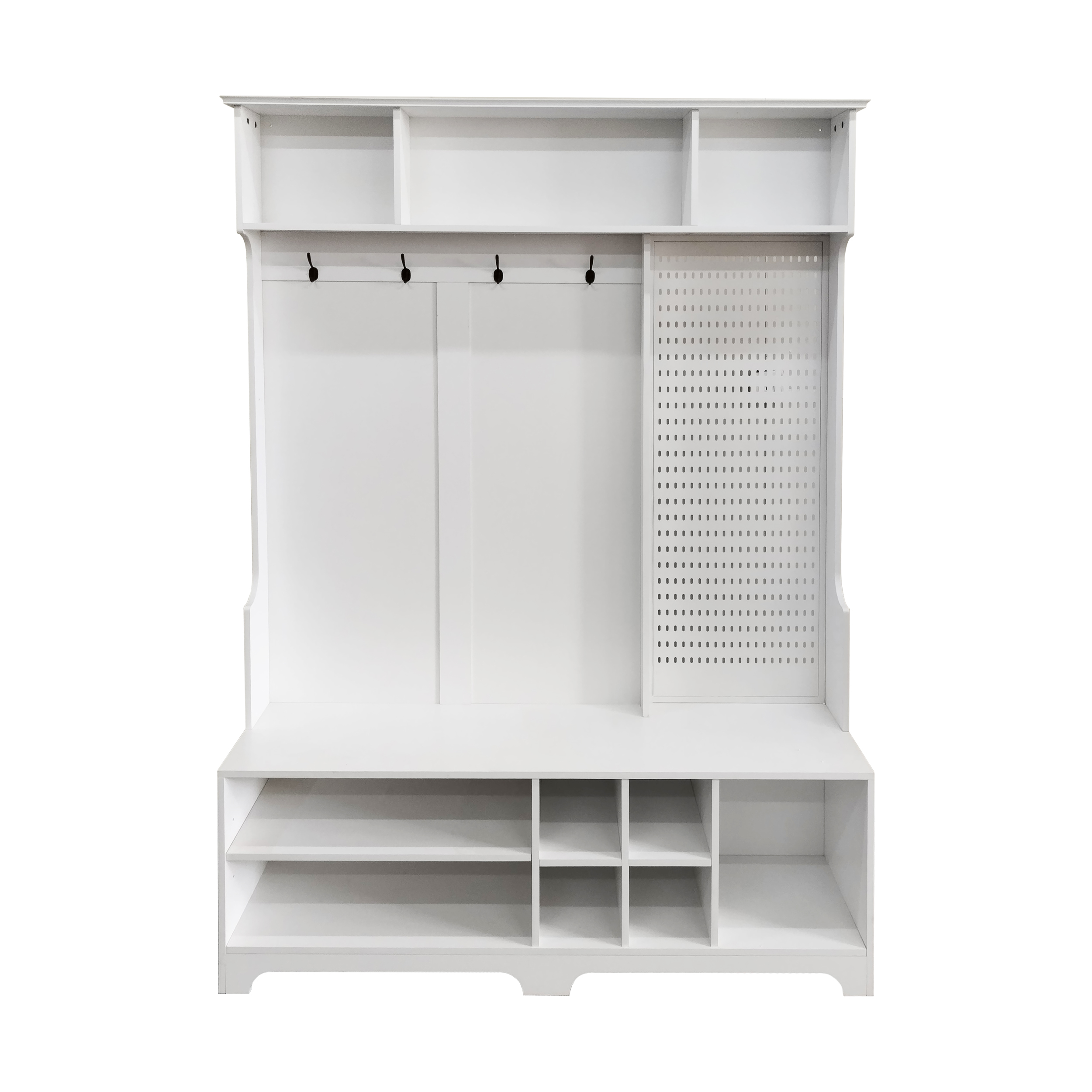 Hall Tree with Shoe Bench, Coat Rack ,Shoe Storage ,Storage Shelves and Pegboard, for Hallways, Halls and Bedrooms, White