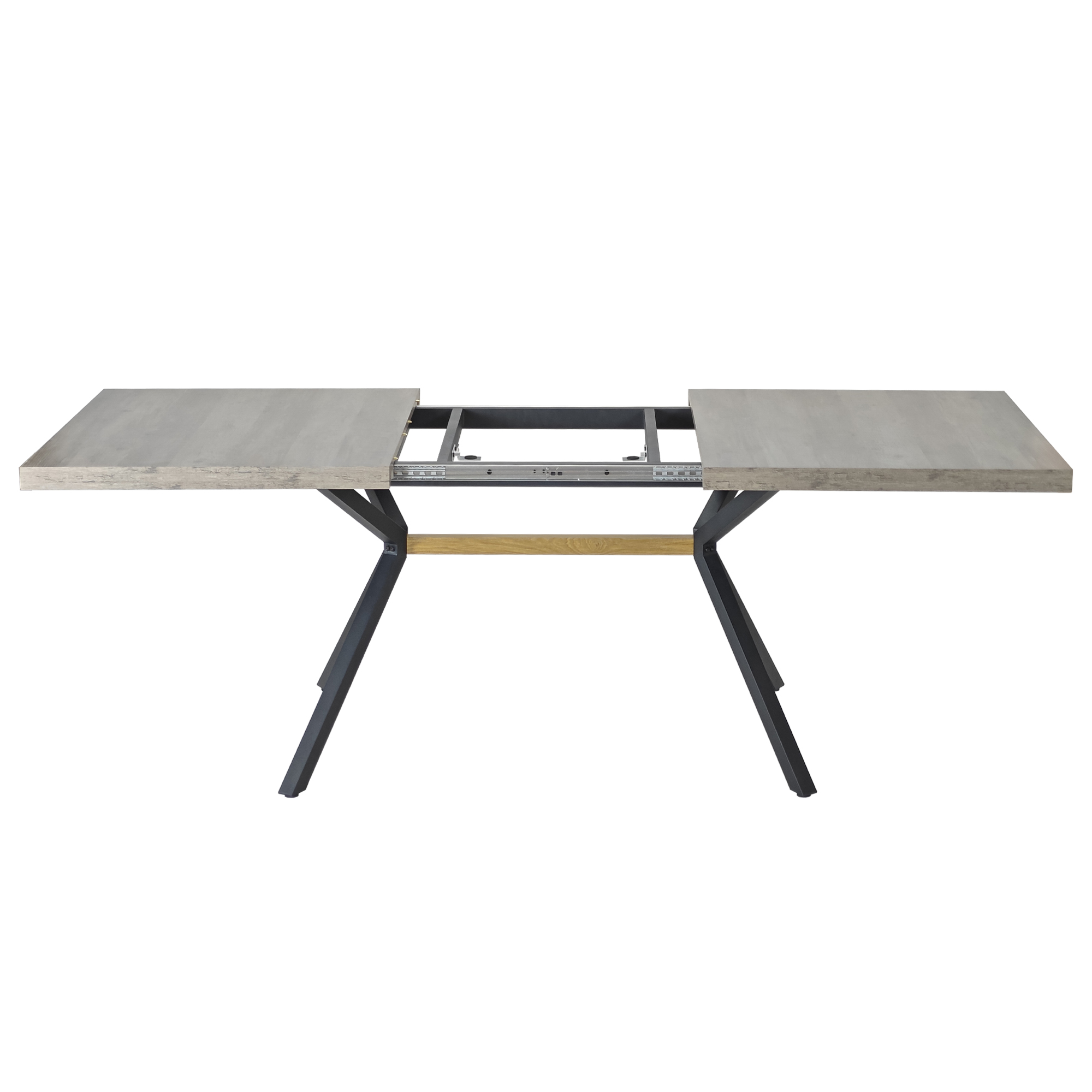 62.99"- 78.74"Retro Rectangular Stretch Table, Grey Carole Top, Black Embossed Center Plate, Walnut Color Beam, Black Fine Sand iron Foot Base Dining Table