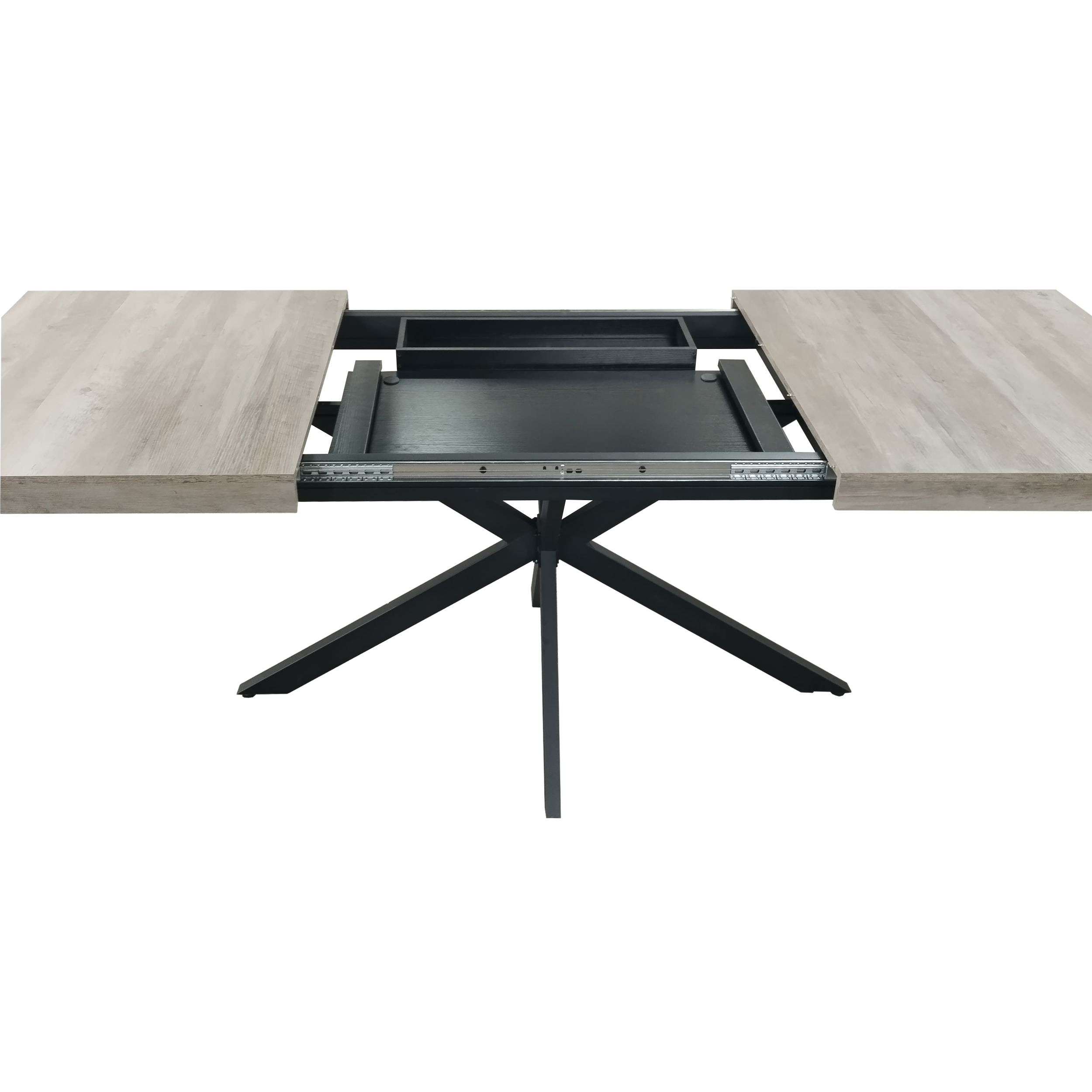 55.11'' -70.86"Retro Rectangular Stretch Dining Table, Grey Carole Top With Black Embossed Center Plate, Black Fine Sand Cross Iron Foot Base Dining Table, With Storage Box.