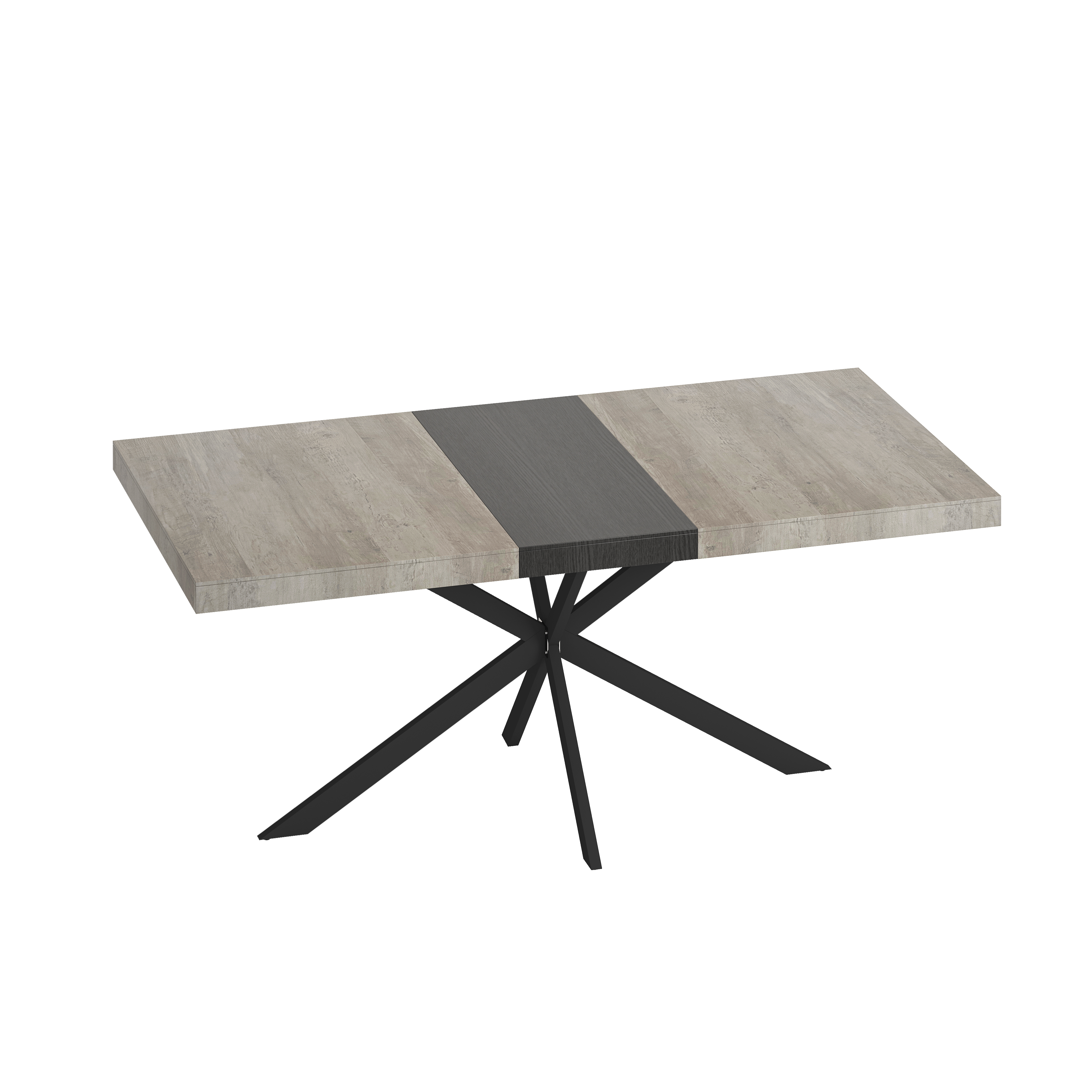 55.11'' -70.86"Retro Rectangular Stretch Dining Table, Grey Carole Top With Black Embossed Center Plate, Black Fine Sand Cross Iron Foot Base Dining Table, With Storage Box.