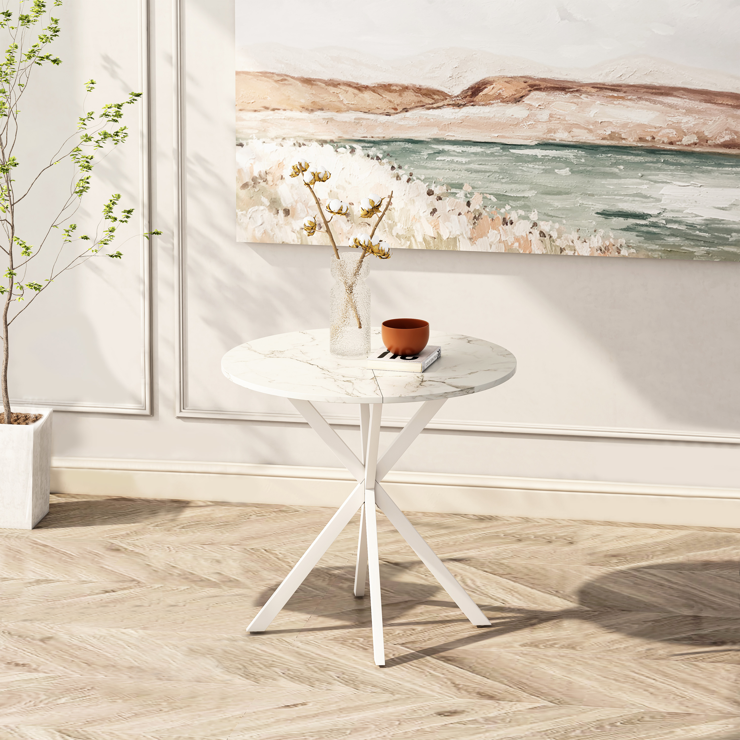 31.5'' Modern Cross Leg Round Dining Table, White Marble Top Occasional Table, Two Piece Removable Top, Matte Finish Iron Legs