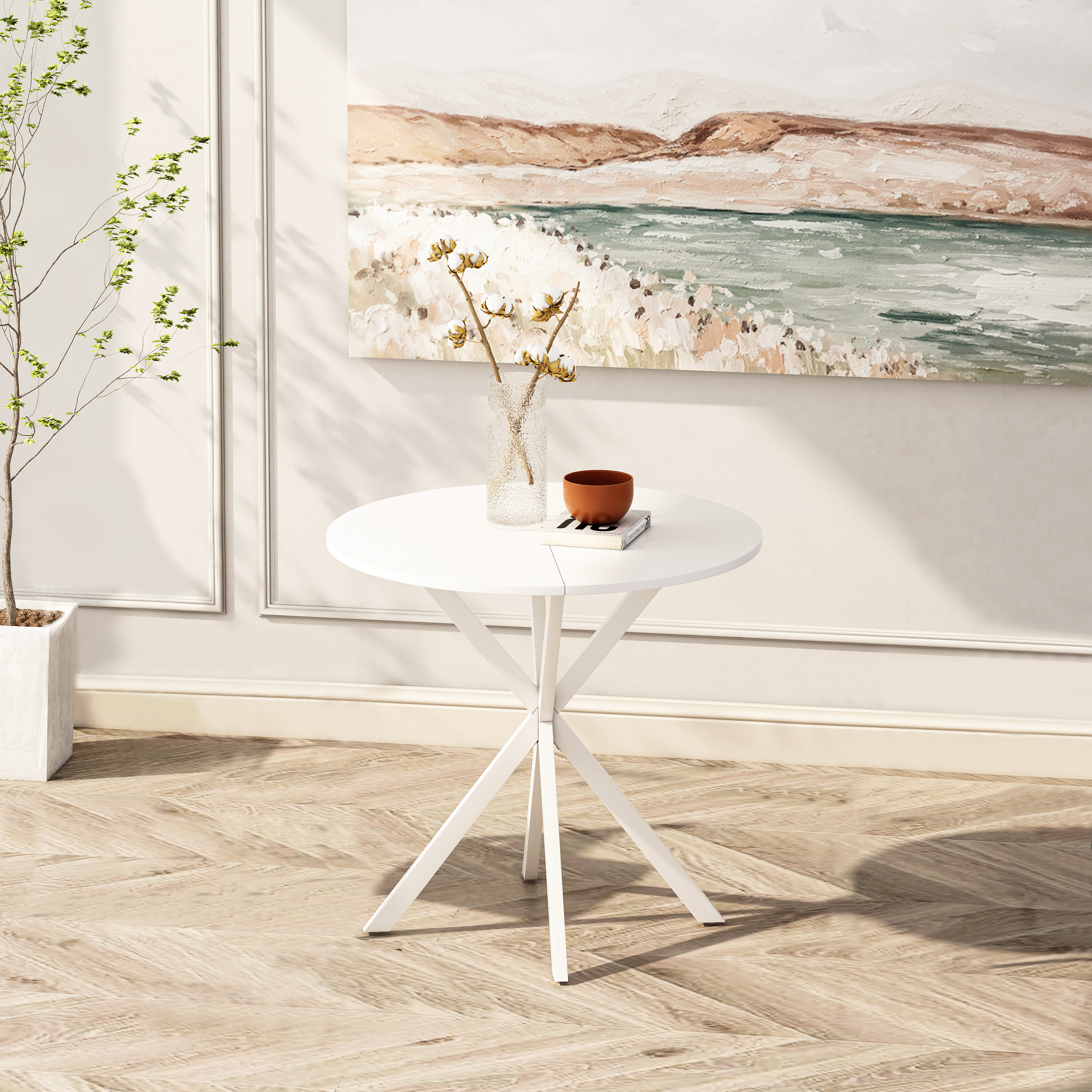 31.5'' Modern Round Dining Table with Crossed Legs,White Occasional Table, Two Piece Detachable Table Top, Matte Finish Iron Legs