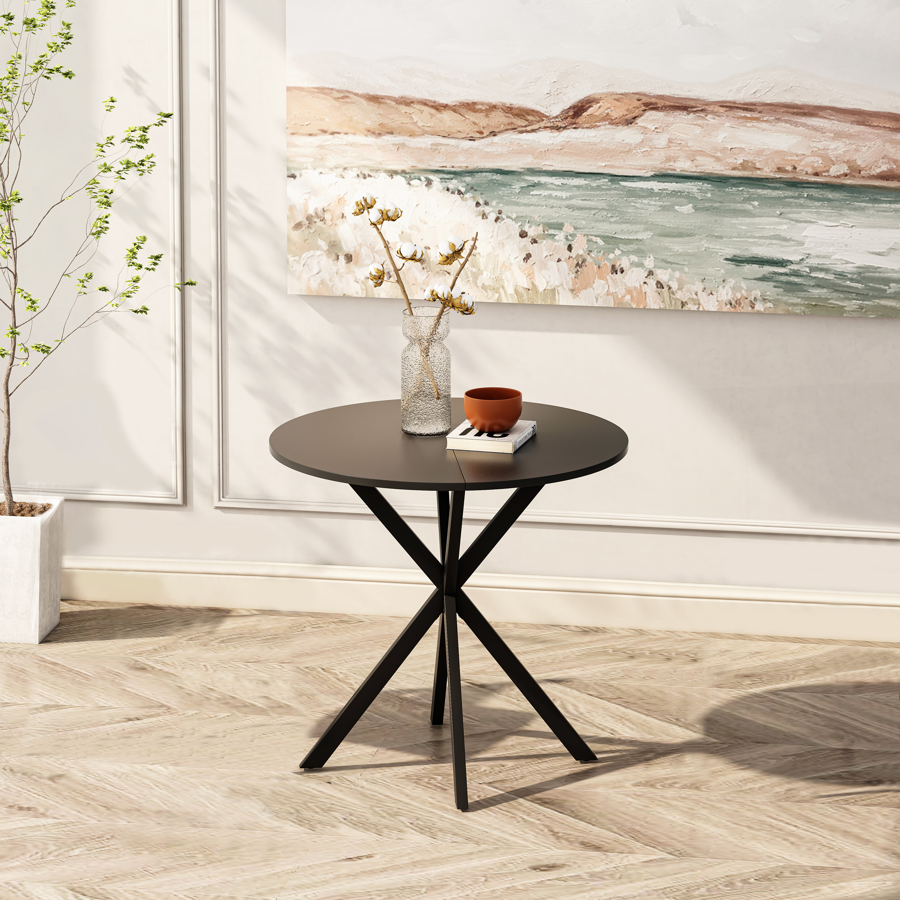 31.5'' Modern Round Dining Table with Crossed Legs, Black Occasional Table, Two Piece Detachable Table Top, Matte Finish Iron Legs