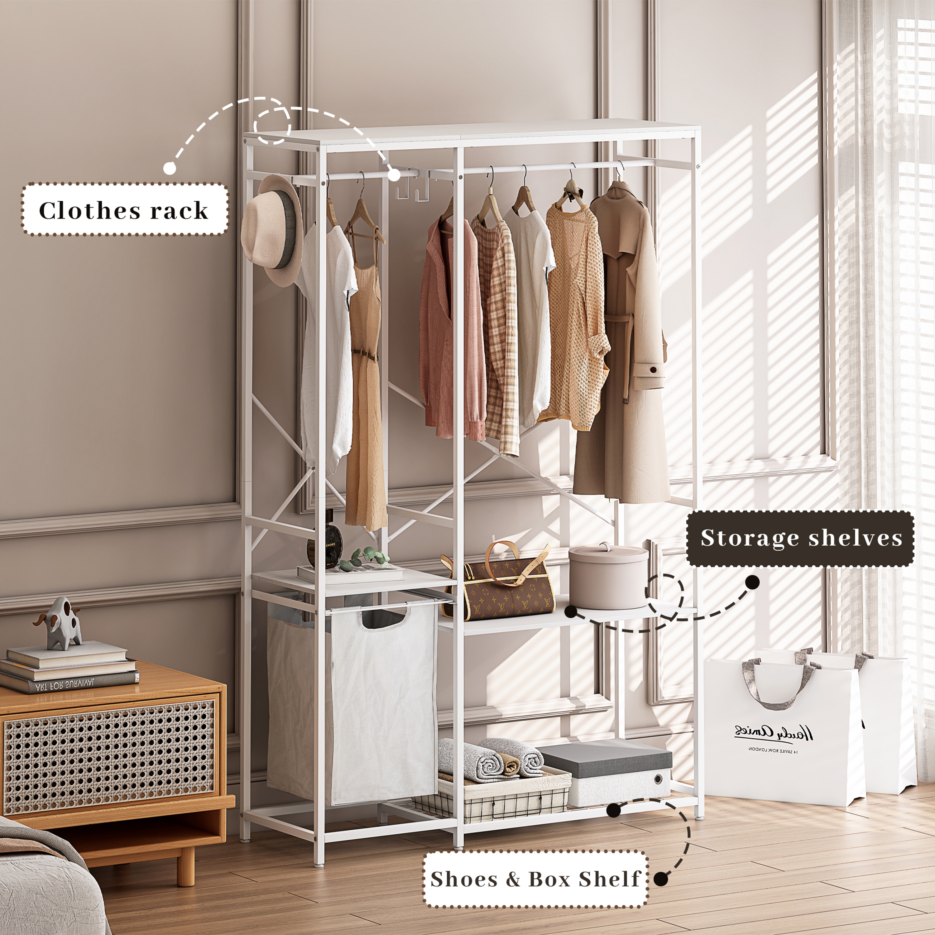 Portable Wardrobe Clothes Rack, Freestanding Clothing Rack with Bottom Mesh Storage Rack, Multi-functional Bedroom Clothing Rack with Premium Oxford Cloth Storage Bag,White