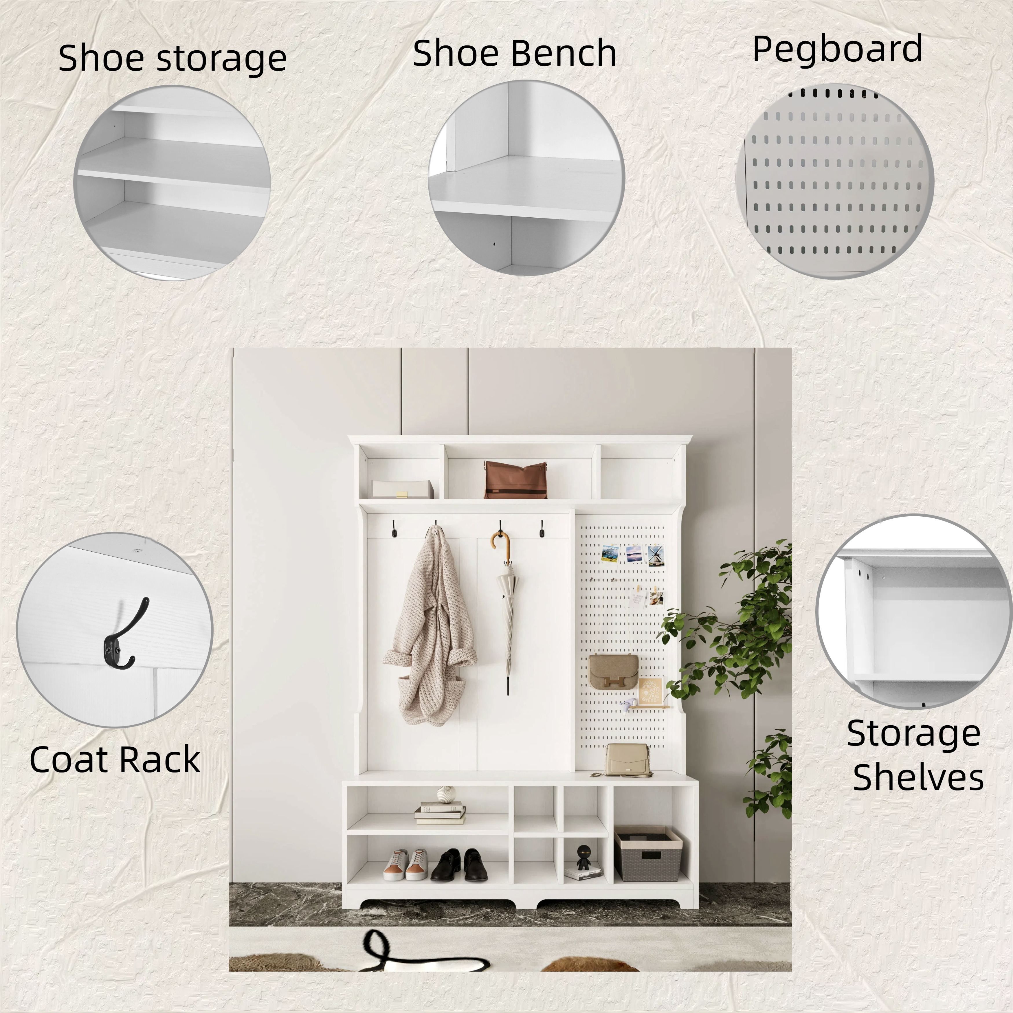 Hall Tree with Shoe Bench, Coat Rack ,Shoe Storage ,Storage Shelves and Pegboard, for Hallways, Halls and Bedrooms, White