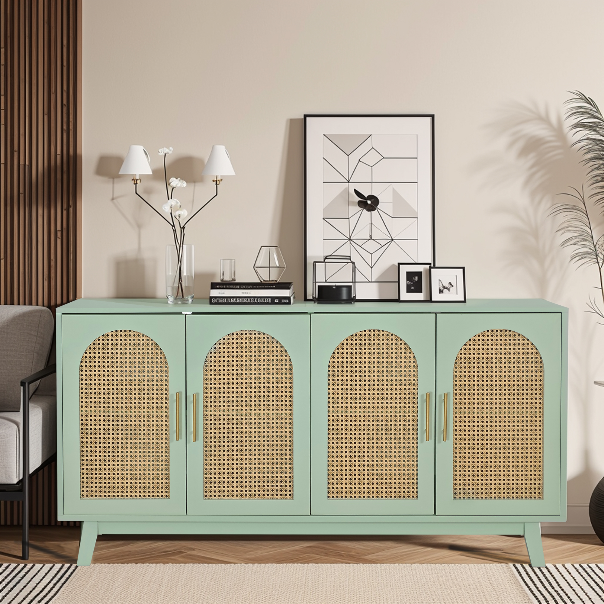 59.84"Modern 4-Door Cabinet with Rattan Decorative Doors,for Bedroom,Living Room,Office,Easy Assembly, Mint Green