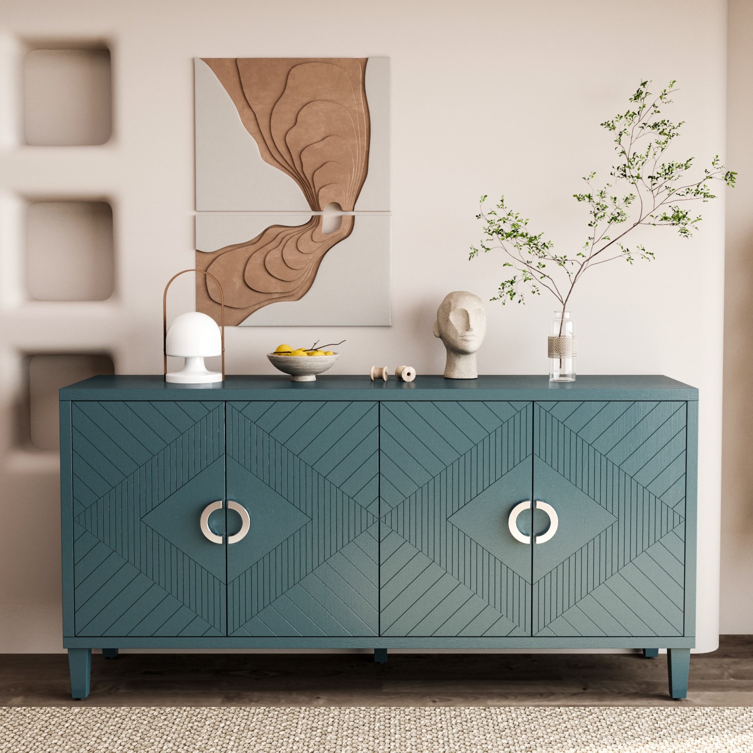 Stylish and Functional 4-Door Storage Cabinet with Pine Legs and MDF, for Living Room Bedroom,and Kitchen, Olive Green, Forest Green, Blue