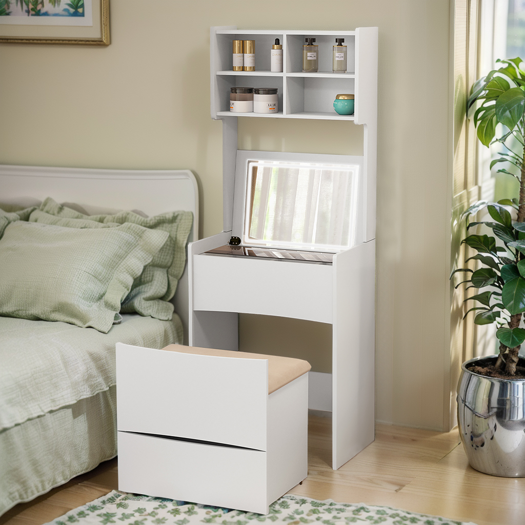 Dressing Table with Flip Top LED Illuminated Mirror, Vanity Table with Internal Storage Area, Makeup Vanity Dressing Table with Removable Upholstered Stool, Practical and Space-saving, Bedroom, White