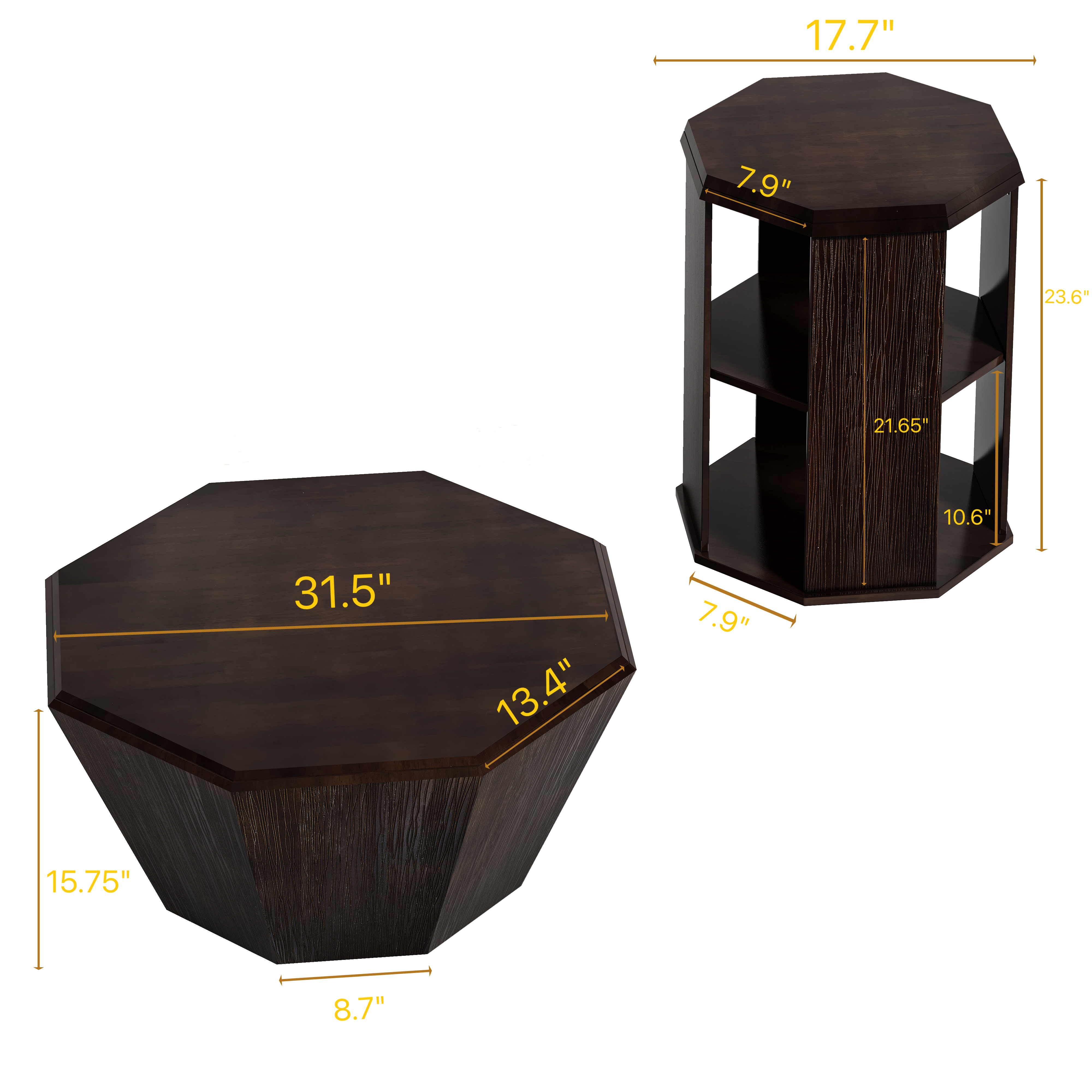 31.5 "Octagonal Black Walnut Rubber wood Set of Two Coffee Table, Coffee Table, Living Room Bedroom(Set of Two Pieces)