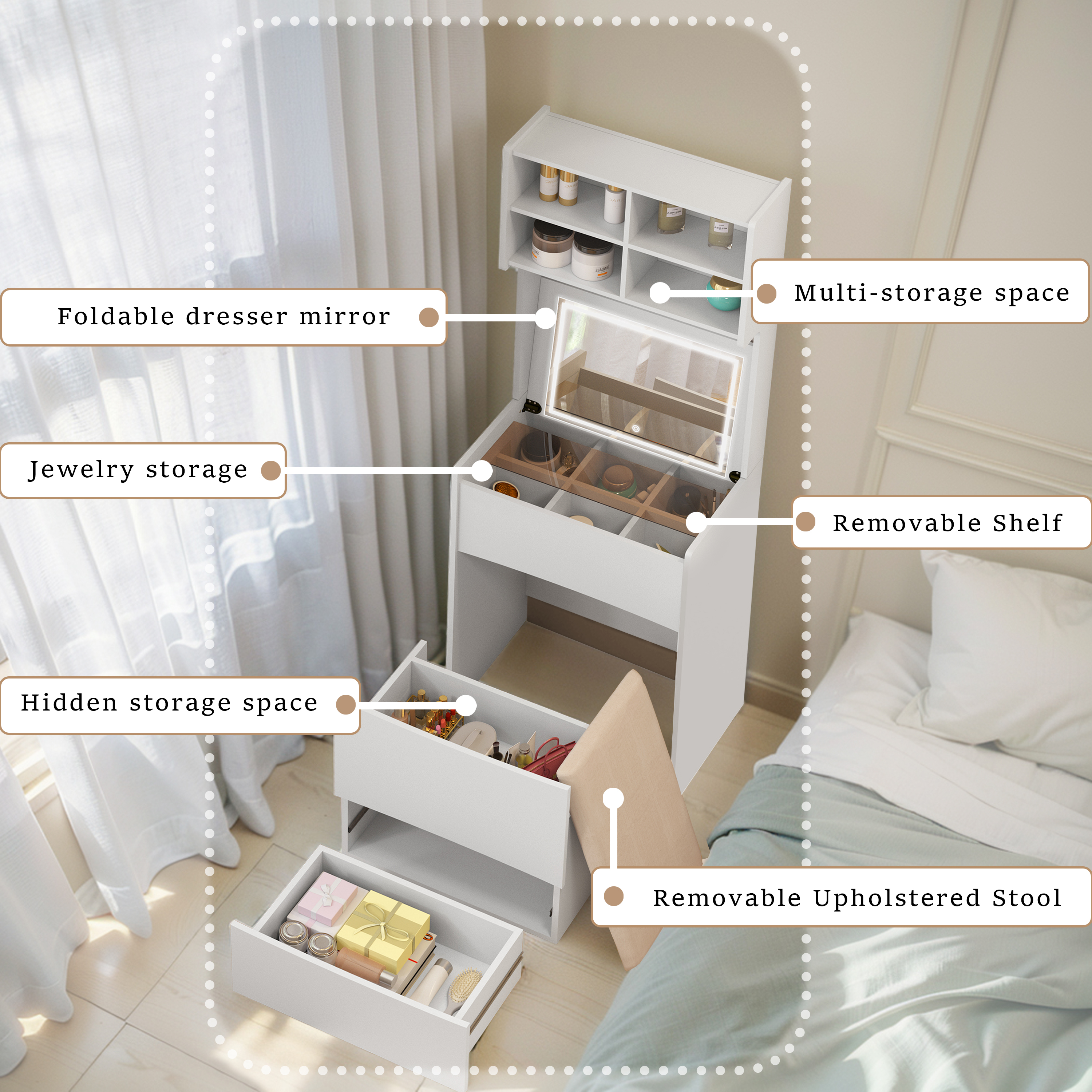 Dressing Table with Flip Top LED Illuminated Mirror, Vanity Table with Internal Storage Area, Makeup Vanity Dressing Table with Removable Upholstered Stool, Practical and Space-saving, Bedroom, White