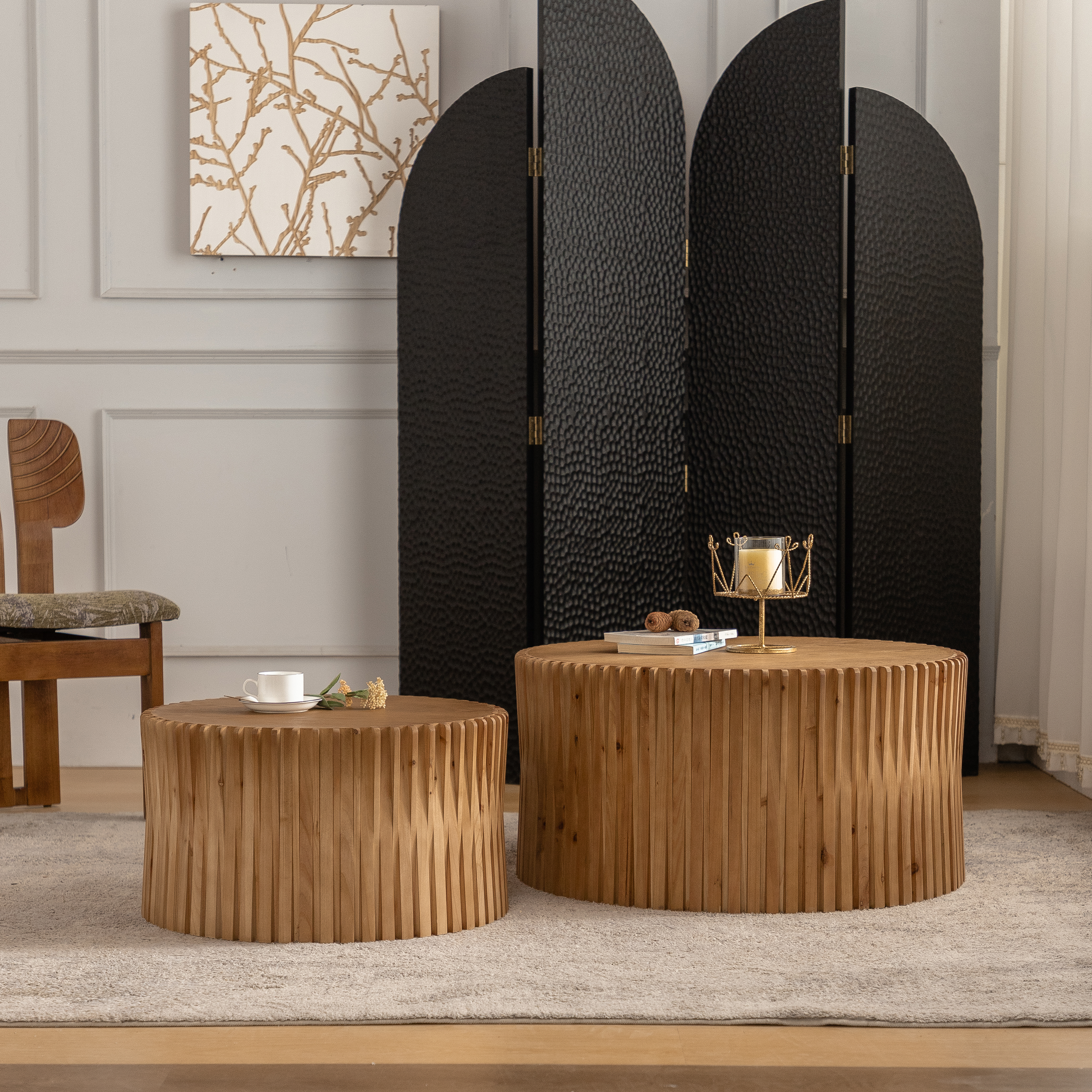 Vintage Fashion Style Cylindrical Nesting Coffee Table Set with Vertical Textured Embossed Design for Living Room, Office and Dining Room, Natural (Set of 2)