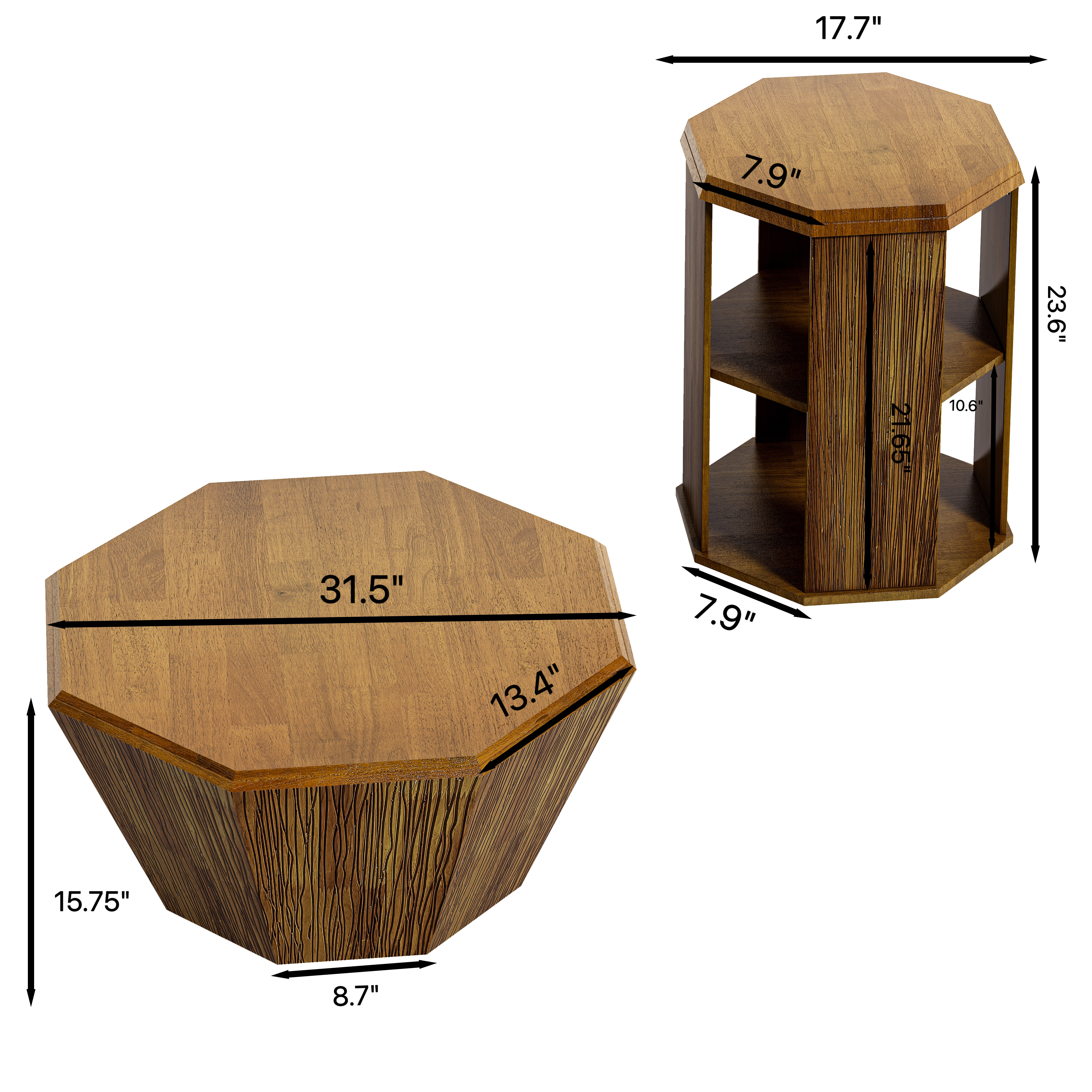 31.5 "Octagonal Log Color  Rubber wood Set of Two Coffee Table, Coffee Table, Living Room Bedroom(Set of Two Pieces)