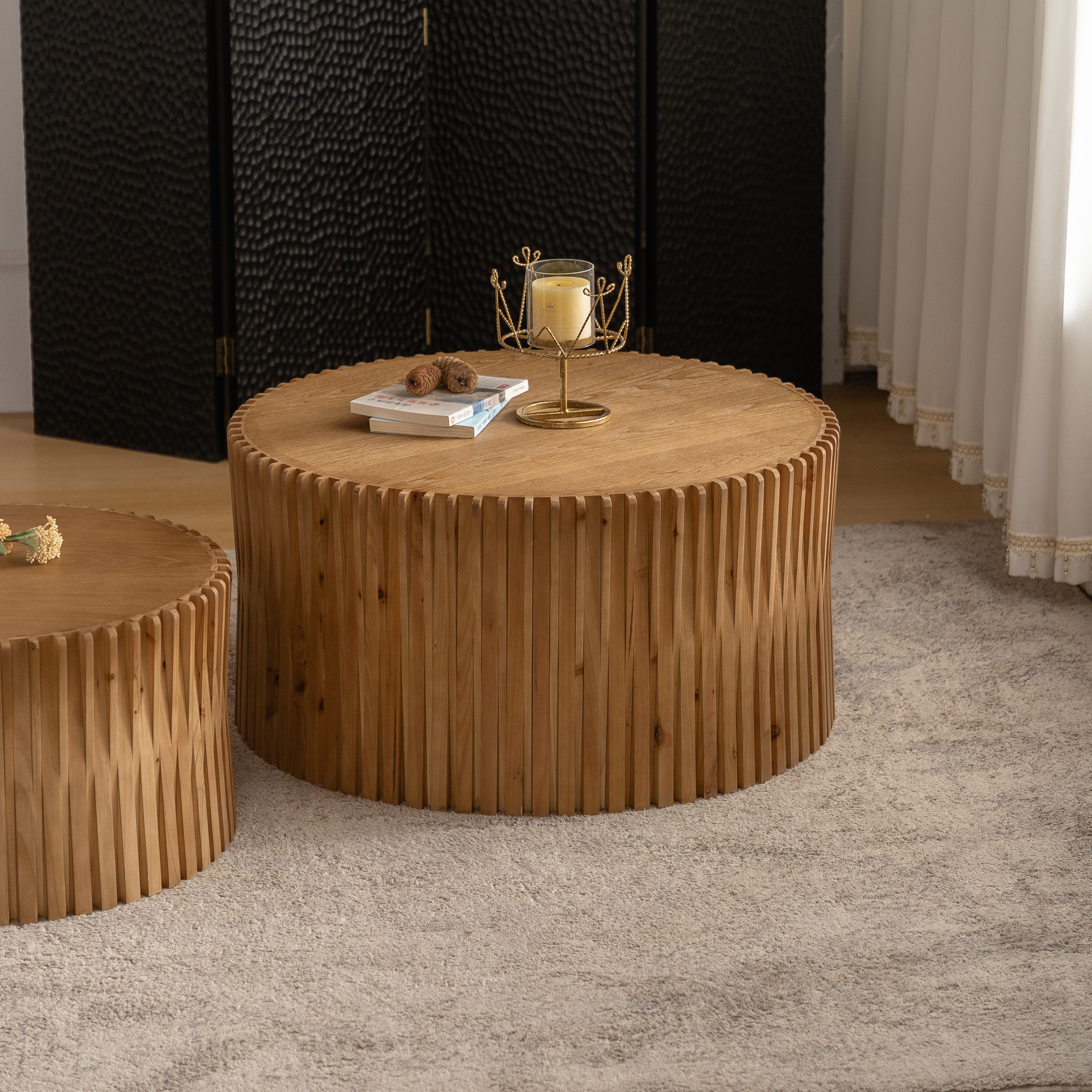 Vintage Fashion Style Cylindrical Nesting Coffee Table Set with Vertical Textured Embossed Design for Living Room, Office and Dining Room, Natural (Set of 2)