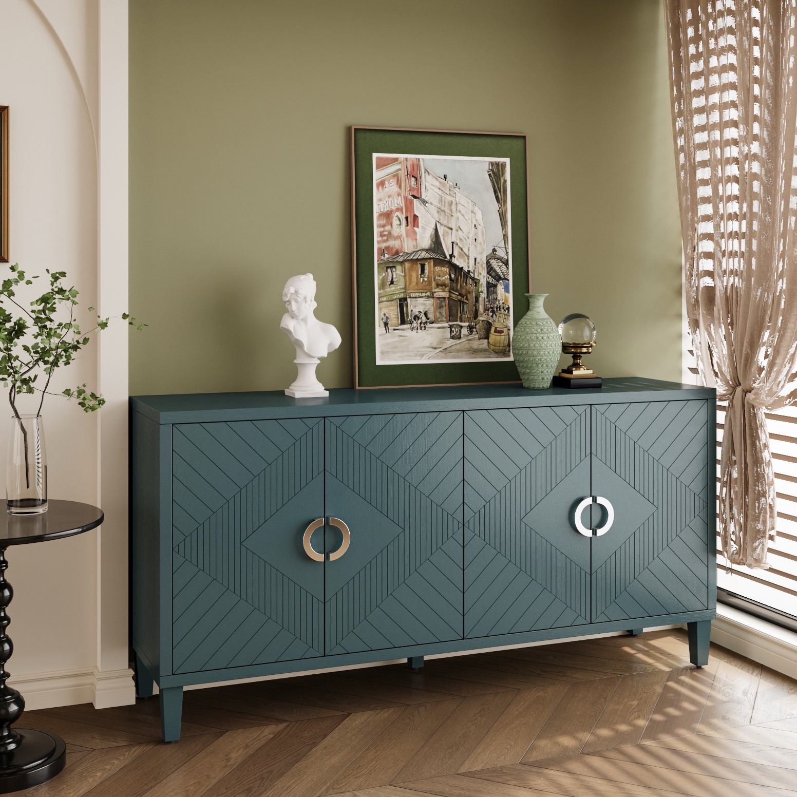 Stylish and Functional 4-Door Storage Cabinet with Pine Legs and MDF, for Living Room Bedroom,and Kitchen, Olive Green, Forest Green, Blue