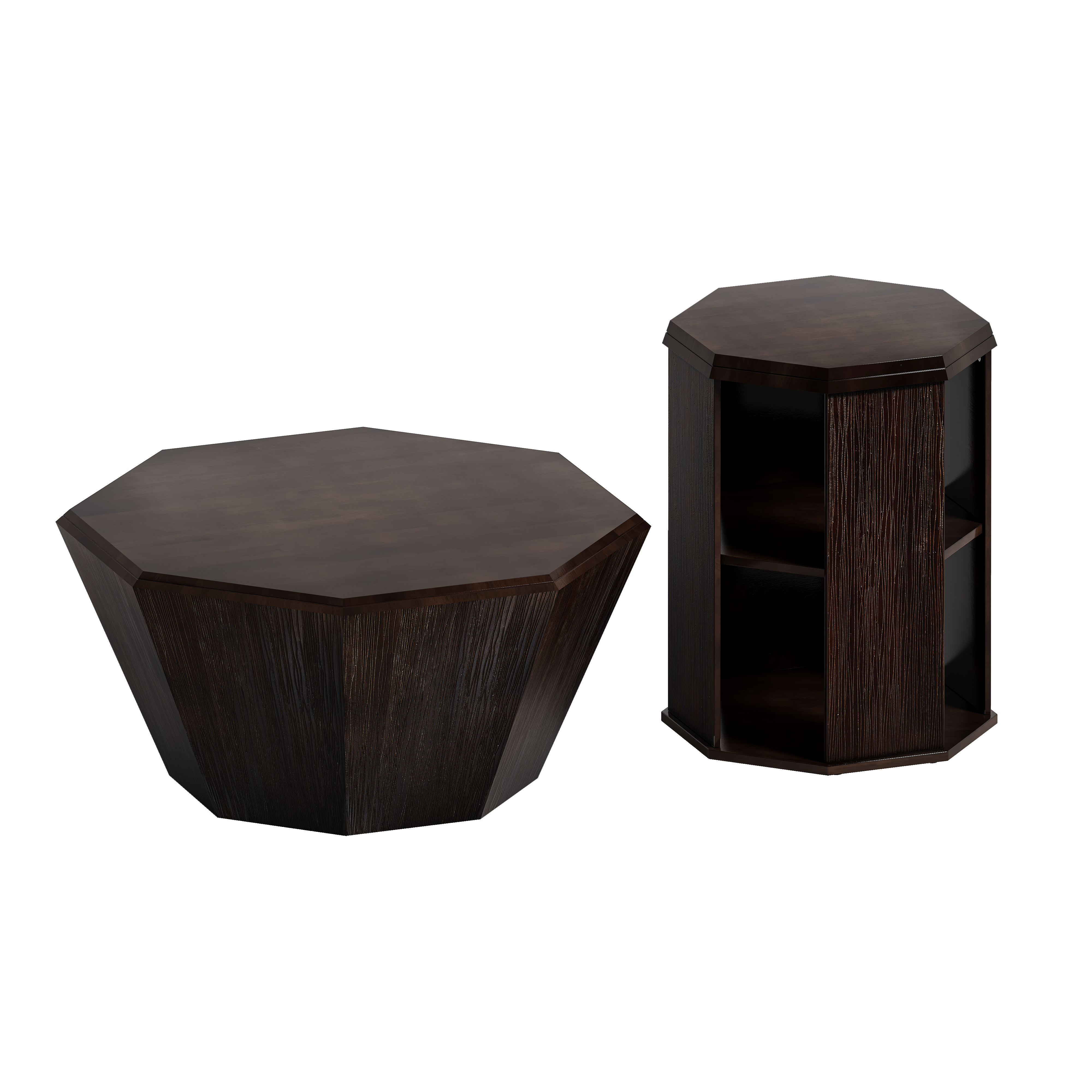 31.5 "Octagonal Black Walnut Rubber wood Set of Two Coffee Table, Coffee Table, Living Room Bedroom(Set of Two Pieces)