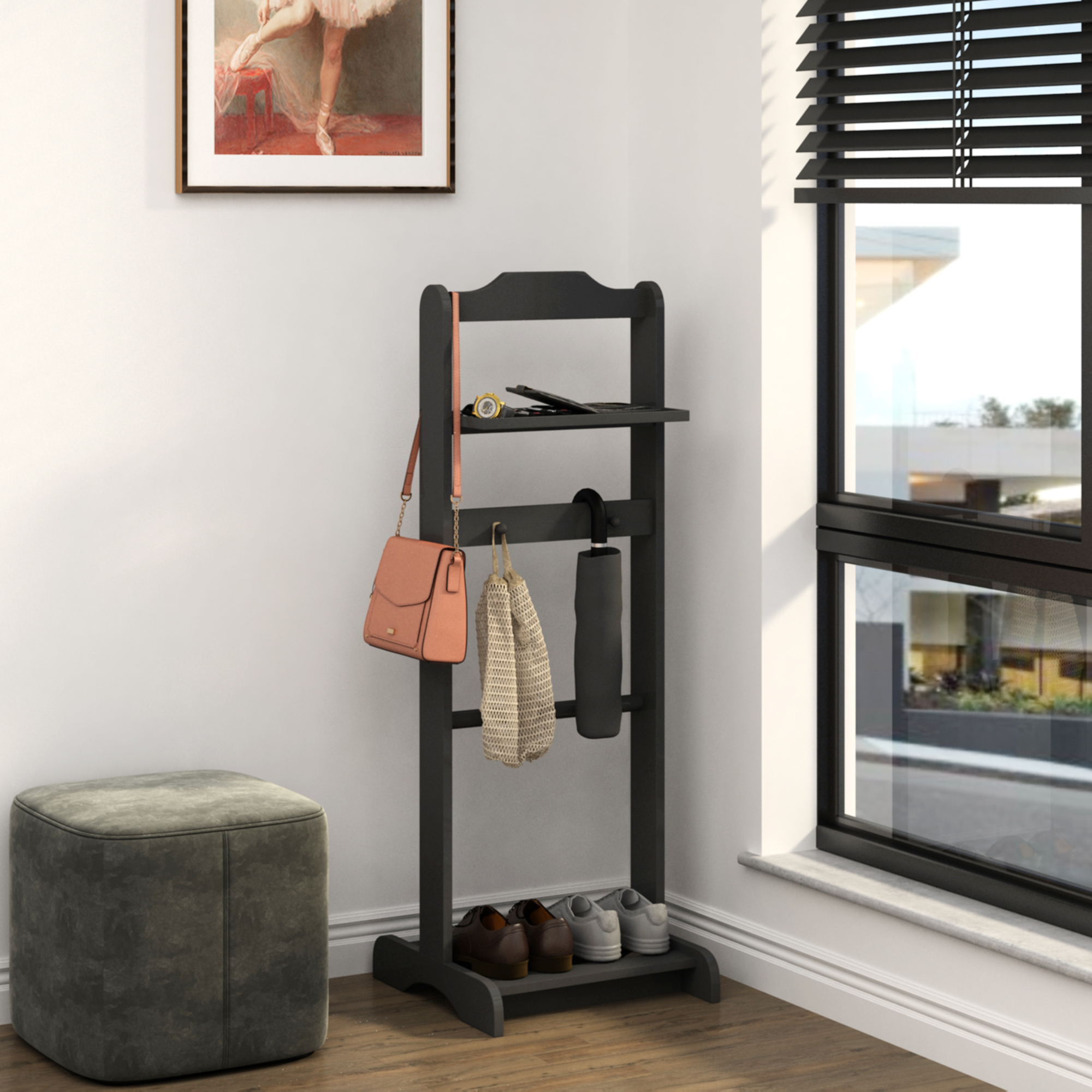 Accent Portable Garment Rack,Clothes Valet Stand with Storage Organizer,Black Finish